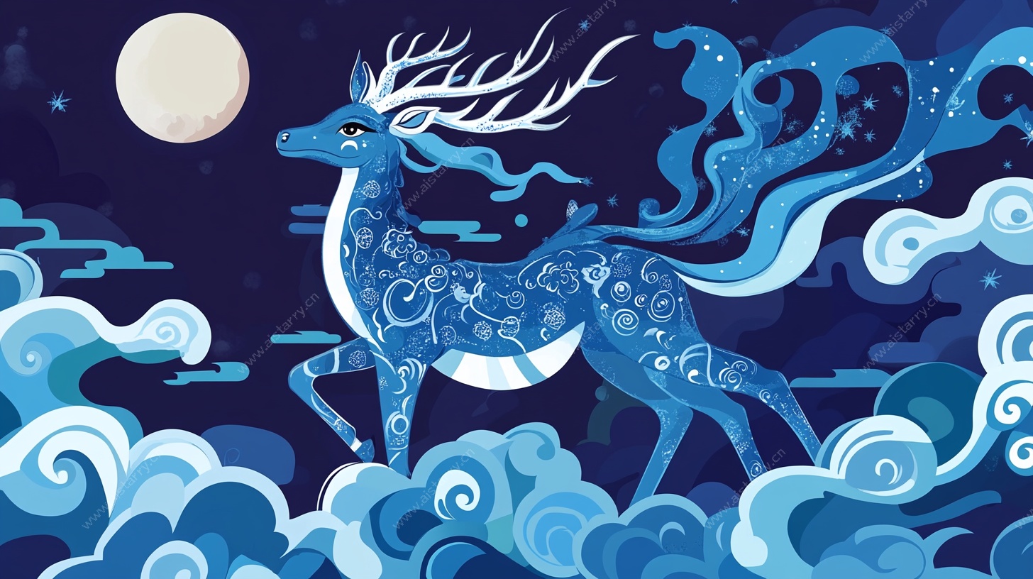 月夜灵鹿奇幻插画