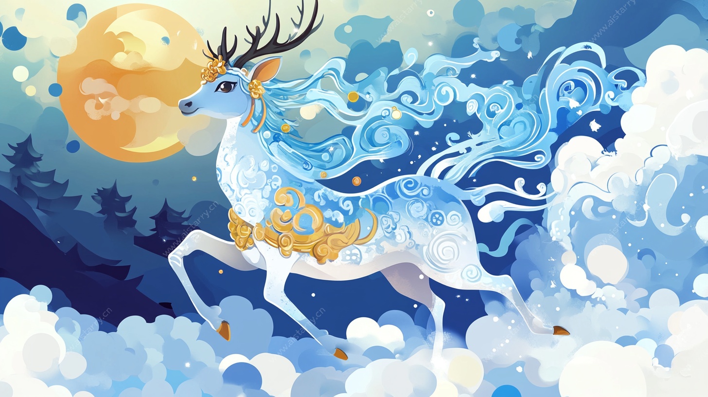 梦幻仙鹿月夜奔腾图