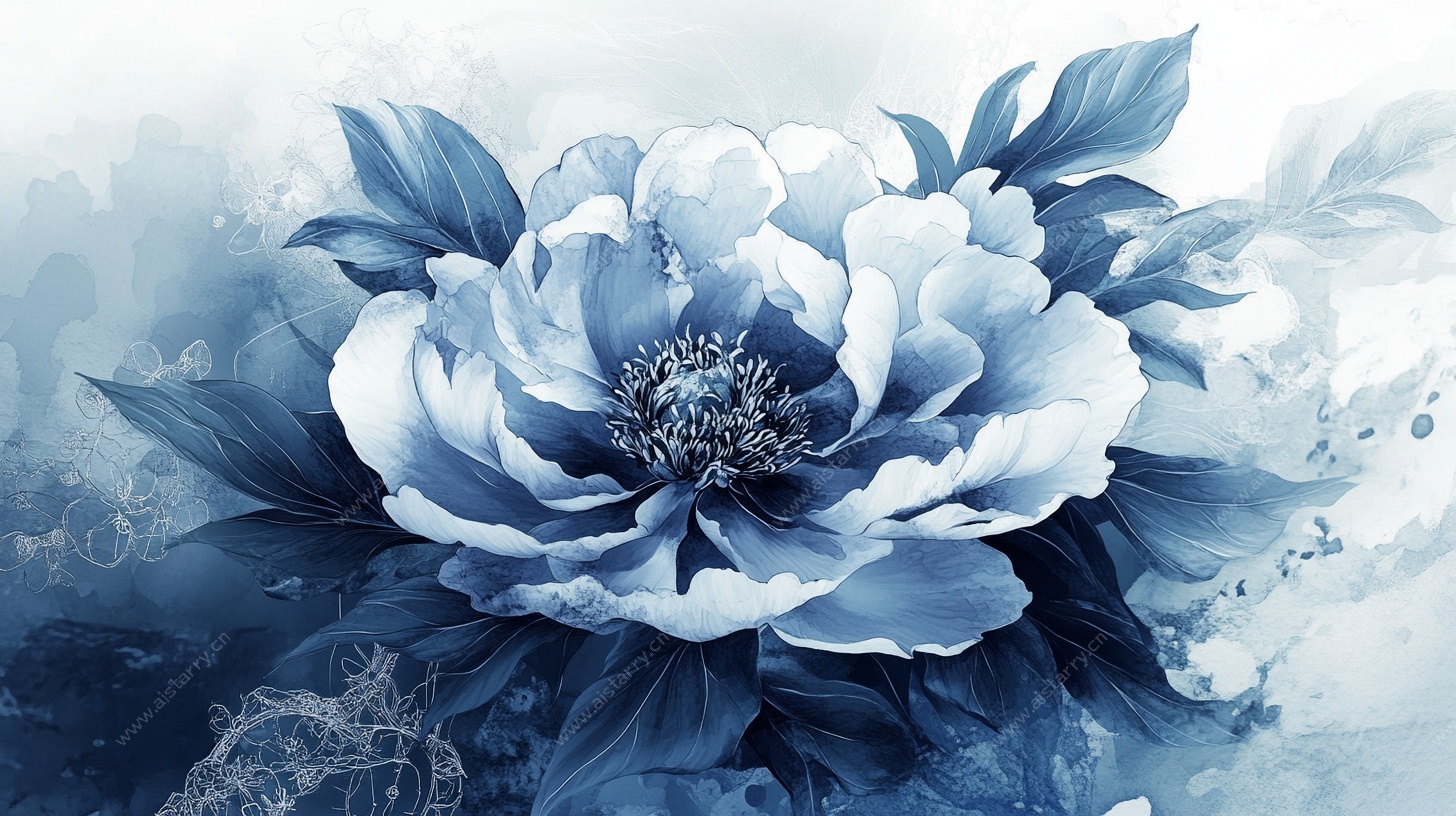 蓝调水墨风绽放牡丹花