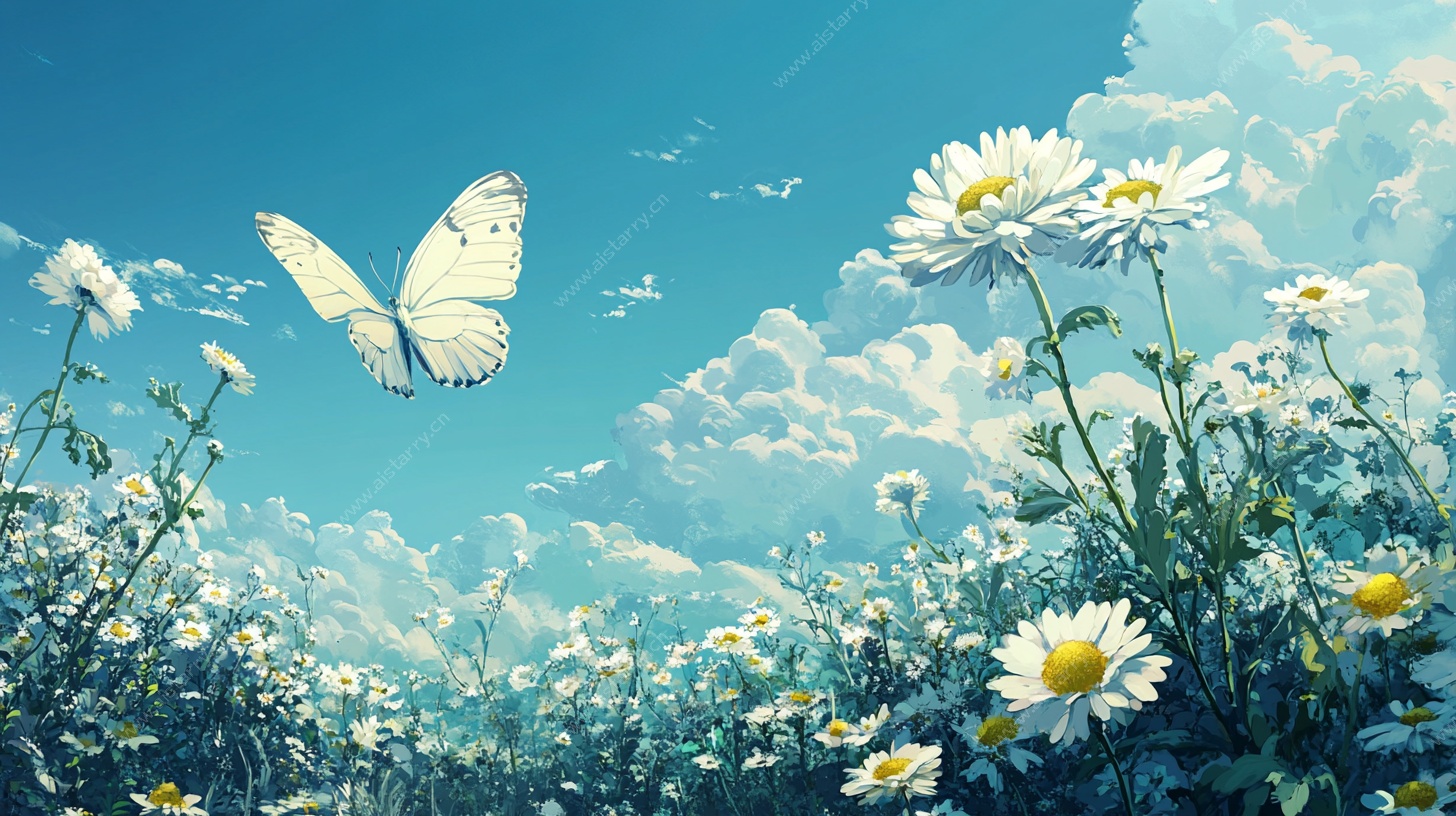 雏菊田野间的蝴蝶飞舞