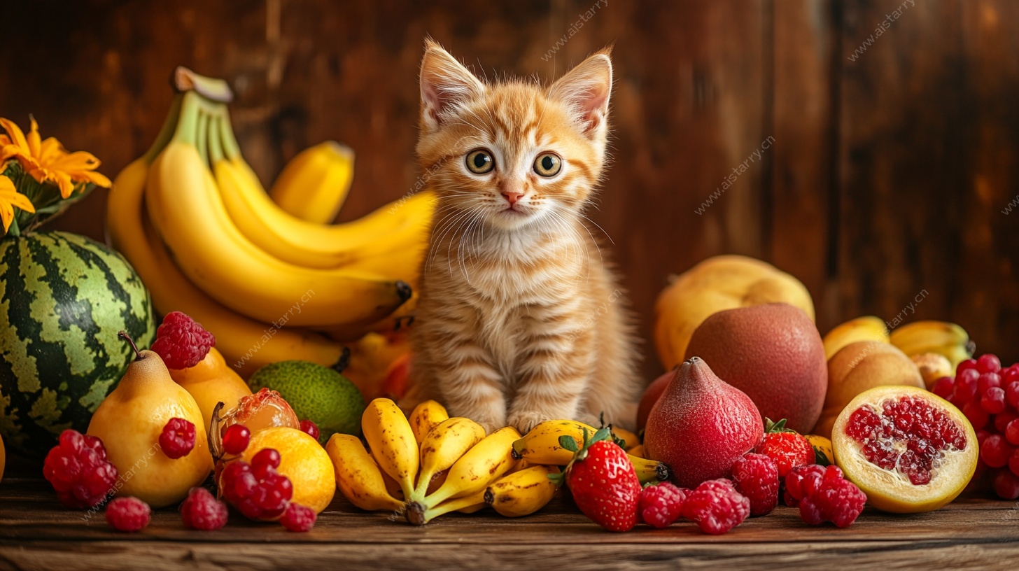 橘猫与缤纷水果的温馨画面