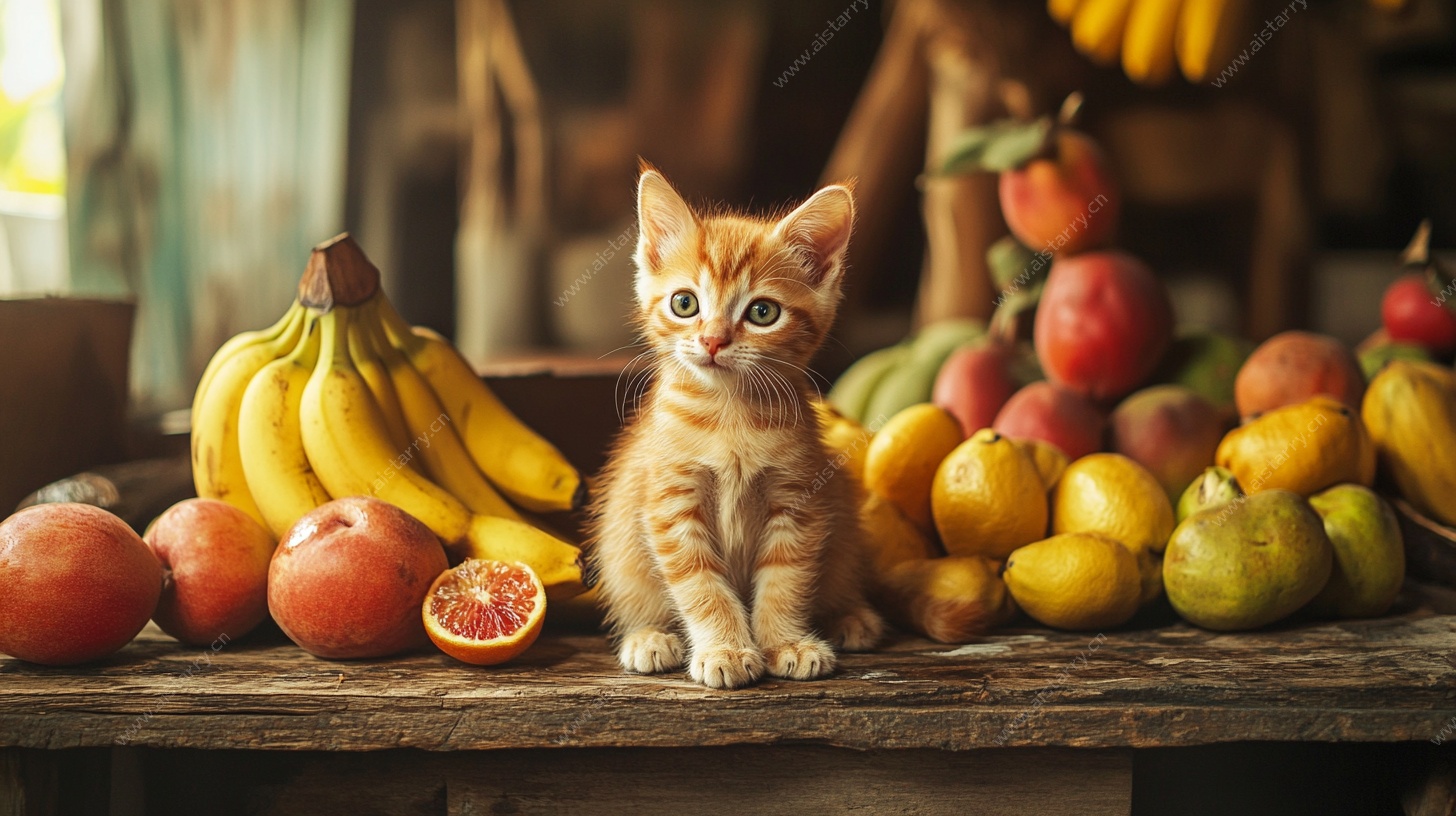 橘猫与多彩水果的温馨画面