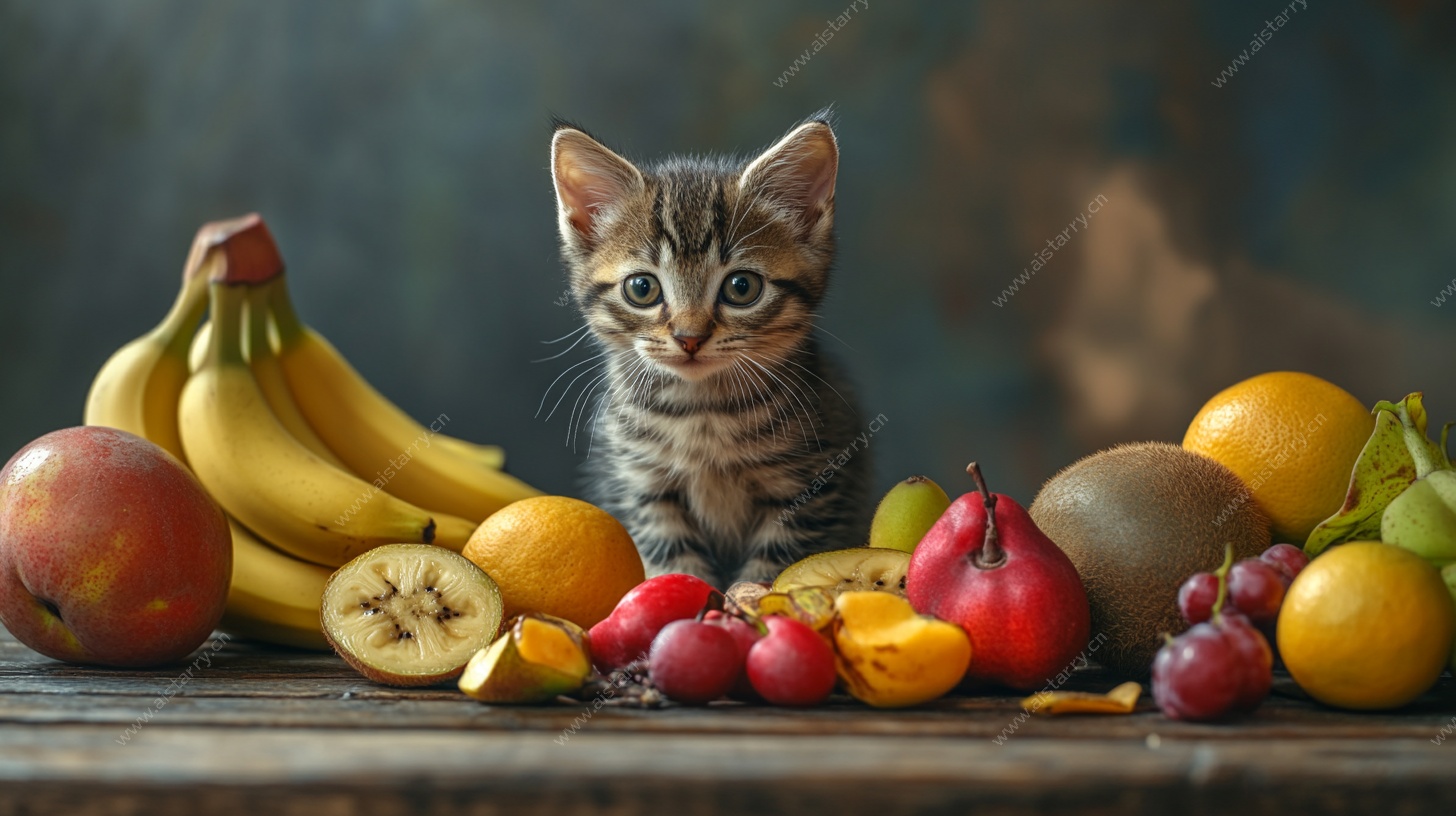小猫与缤纷水果的温馨画面