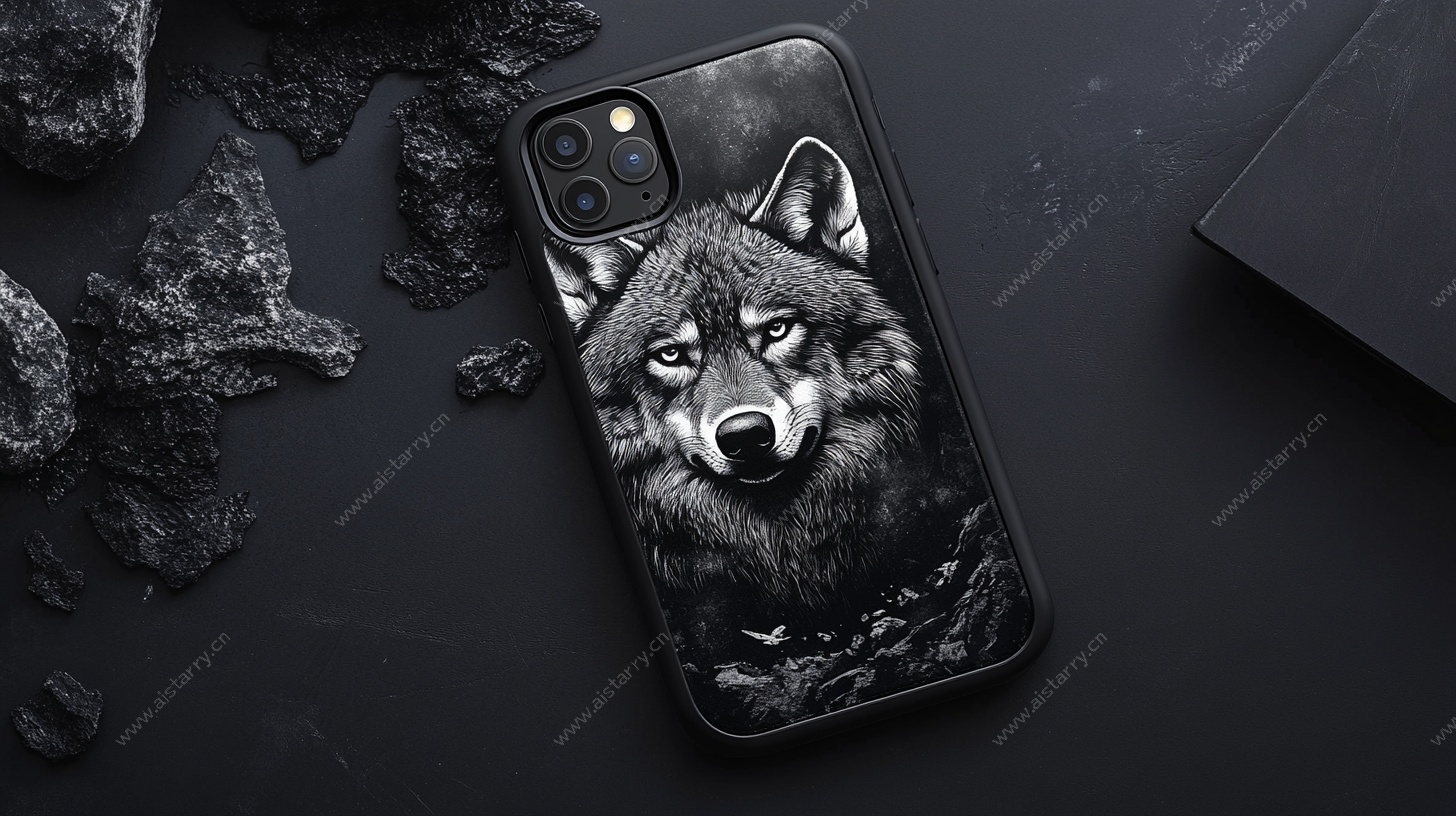 狼头图案手机壳特写