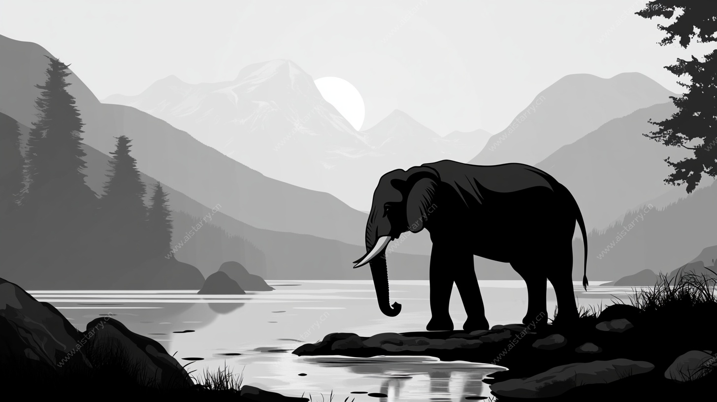 大象立于山水间的剪影