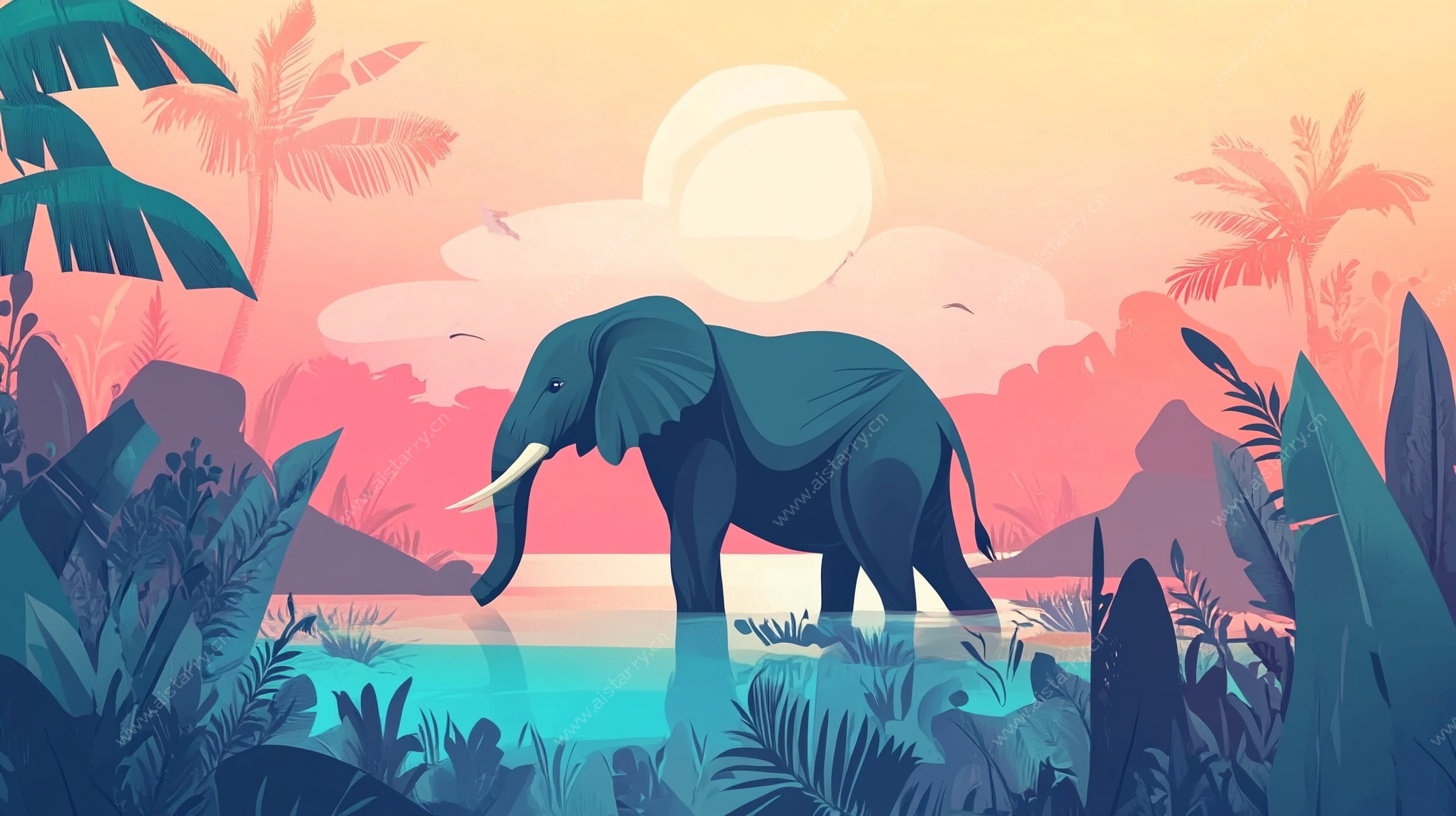 大象漫步于热带风光中