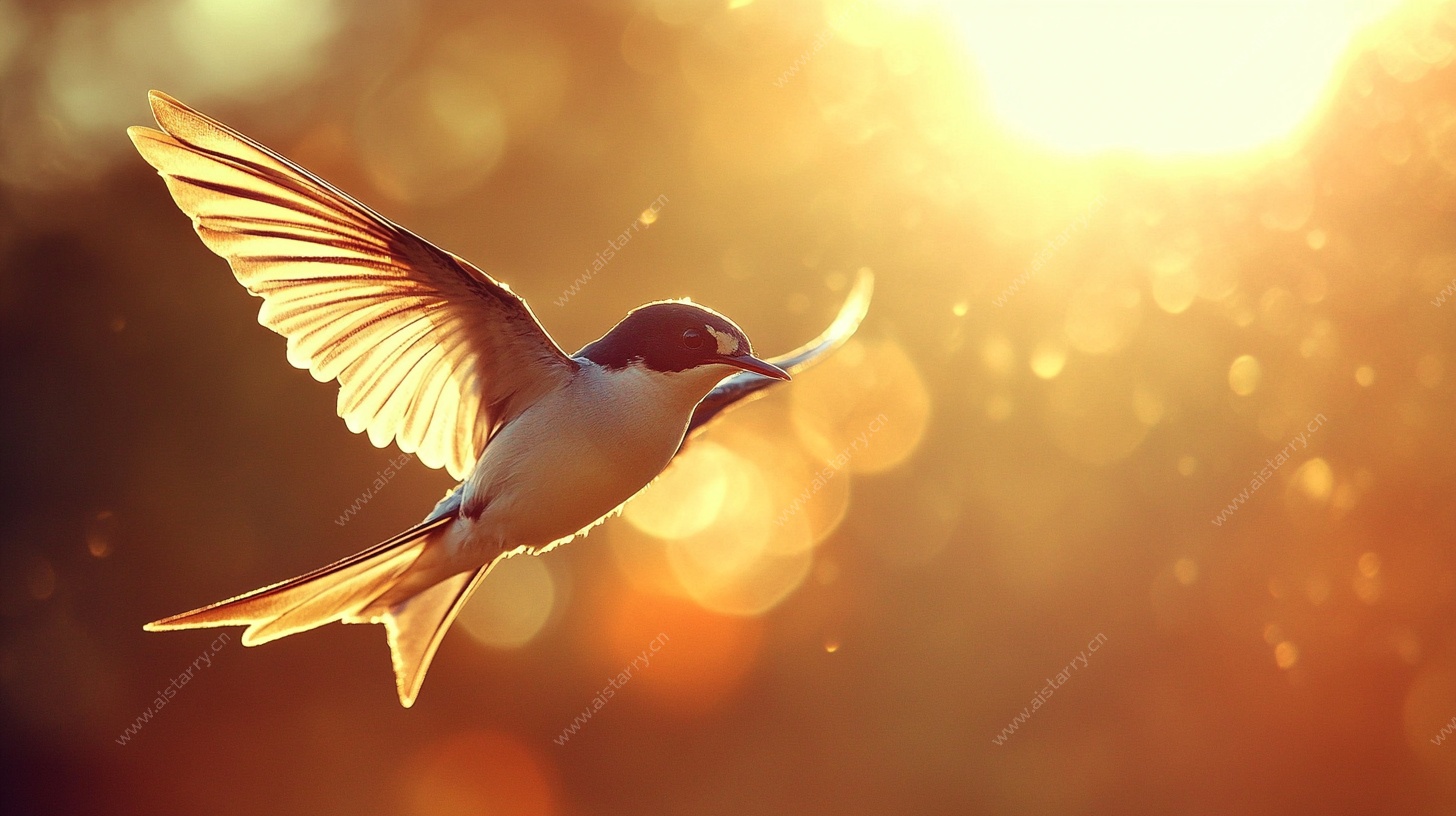 夕阳下飞鸟衔枝瞬间