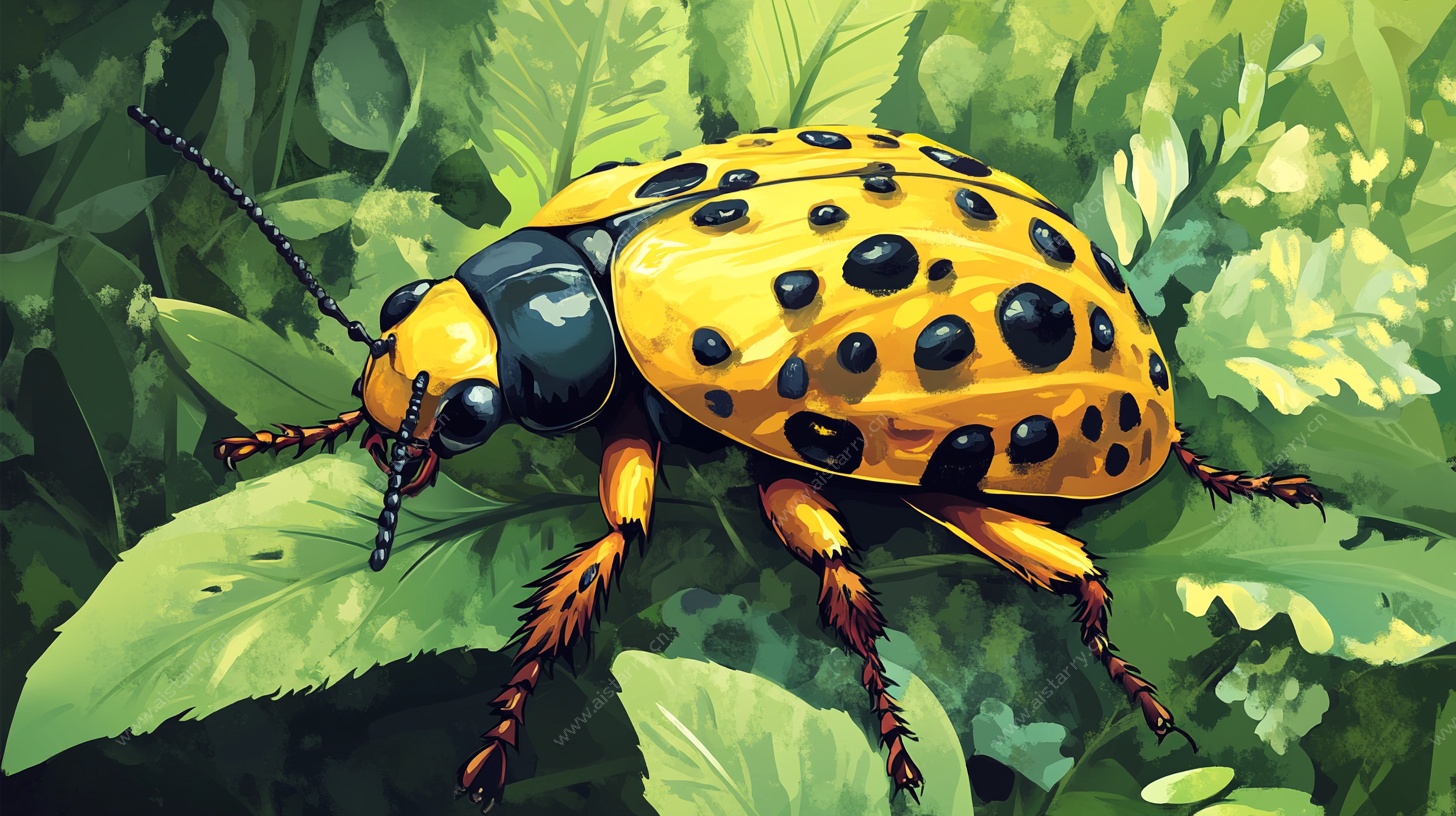 黄黑斑点甲虫栖息绿叶间