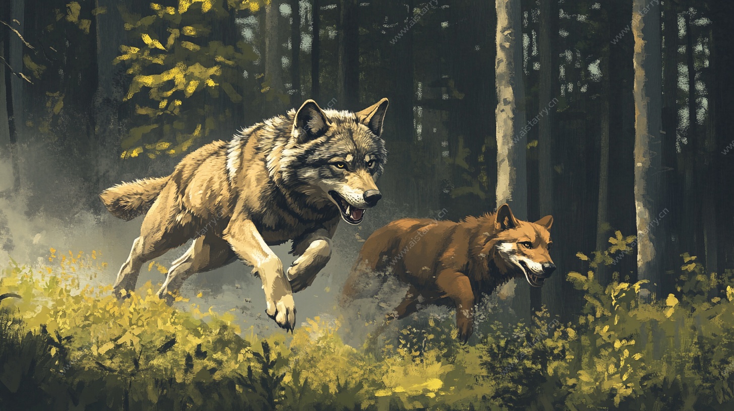 森林中双兽奔腾图景