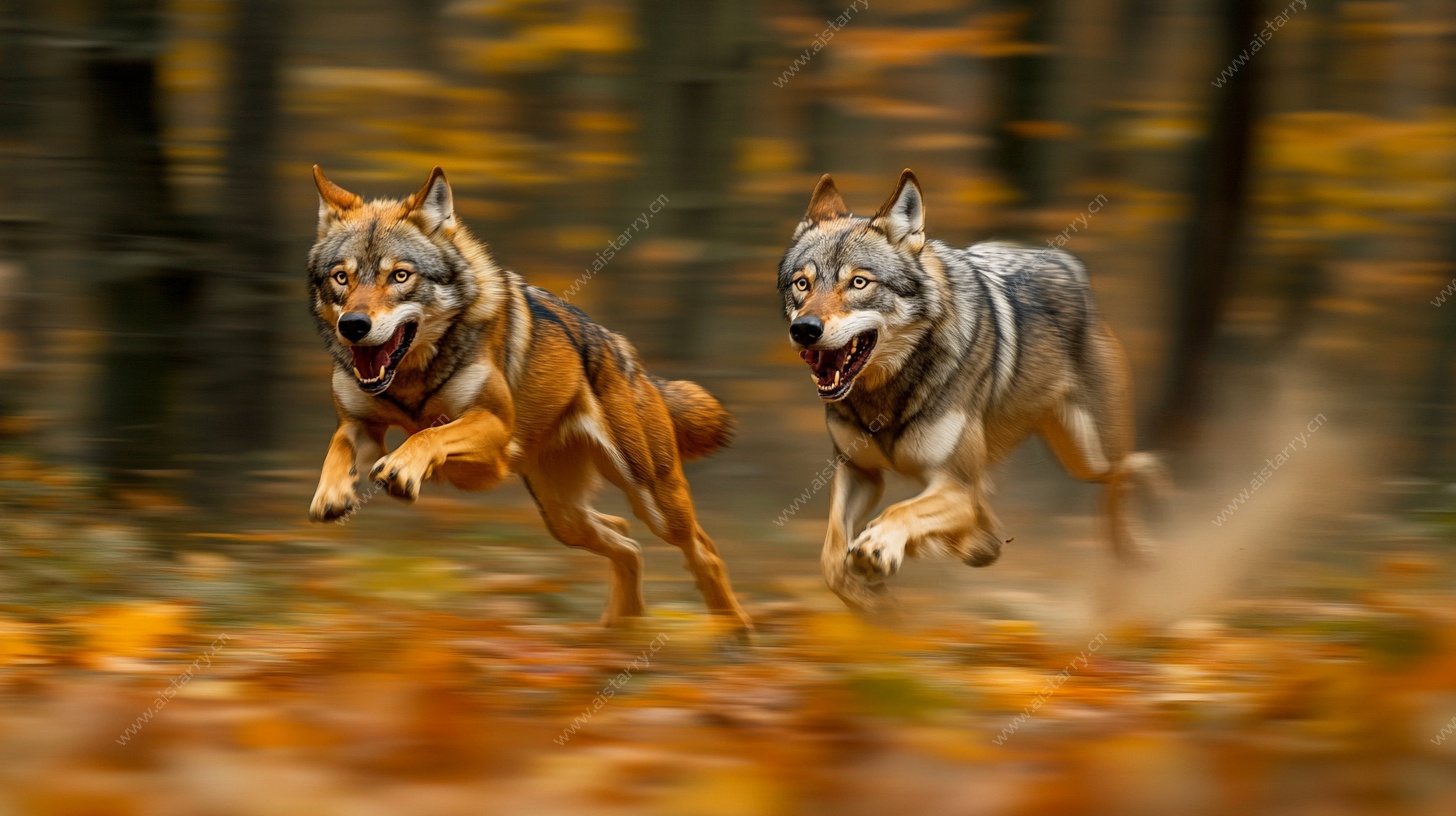 双狼秋日奔跑图
