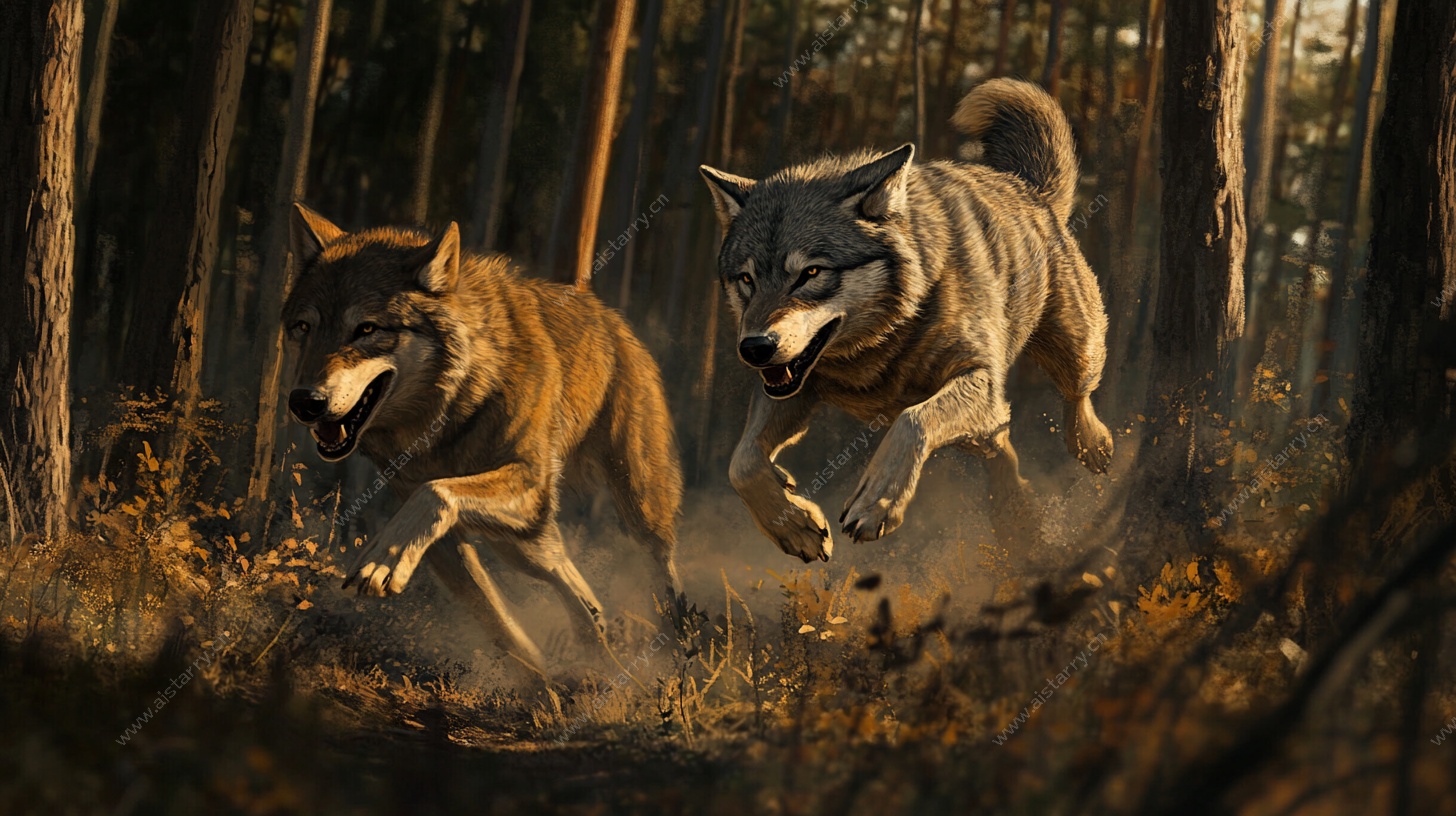 森林双狼奔腾图