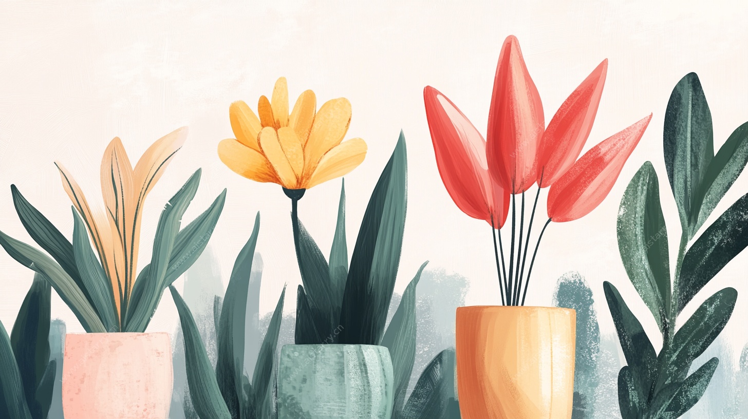 水彩风盆栽花卉插画