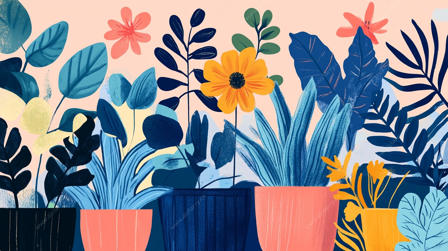多彩盆栽花卉插画作品
