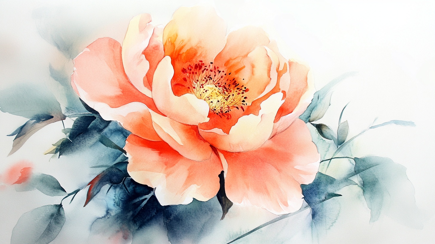 水墨风盛开的娇艳牡丹花