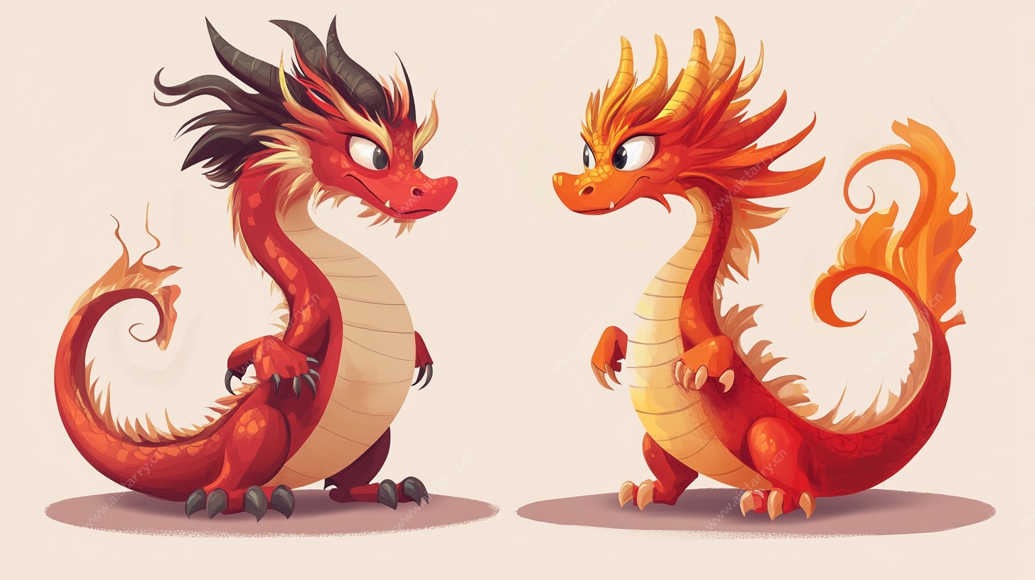 双生萌态龙形象插画