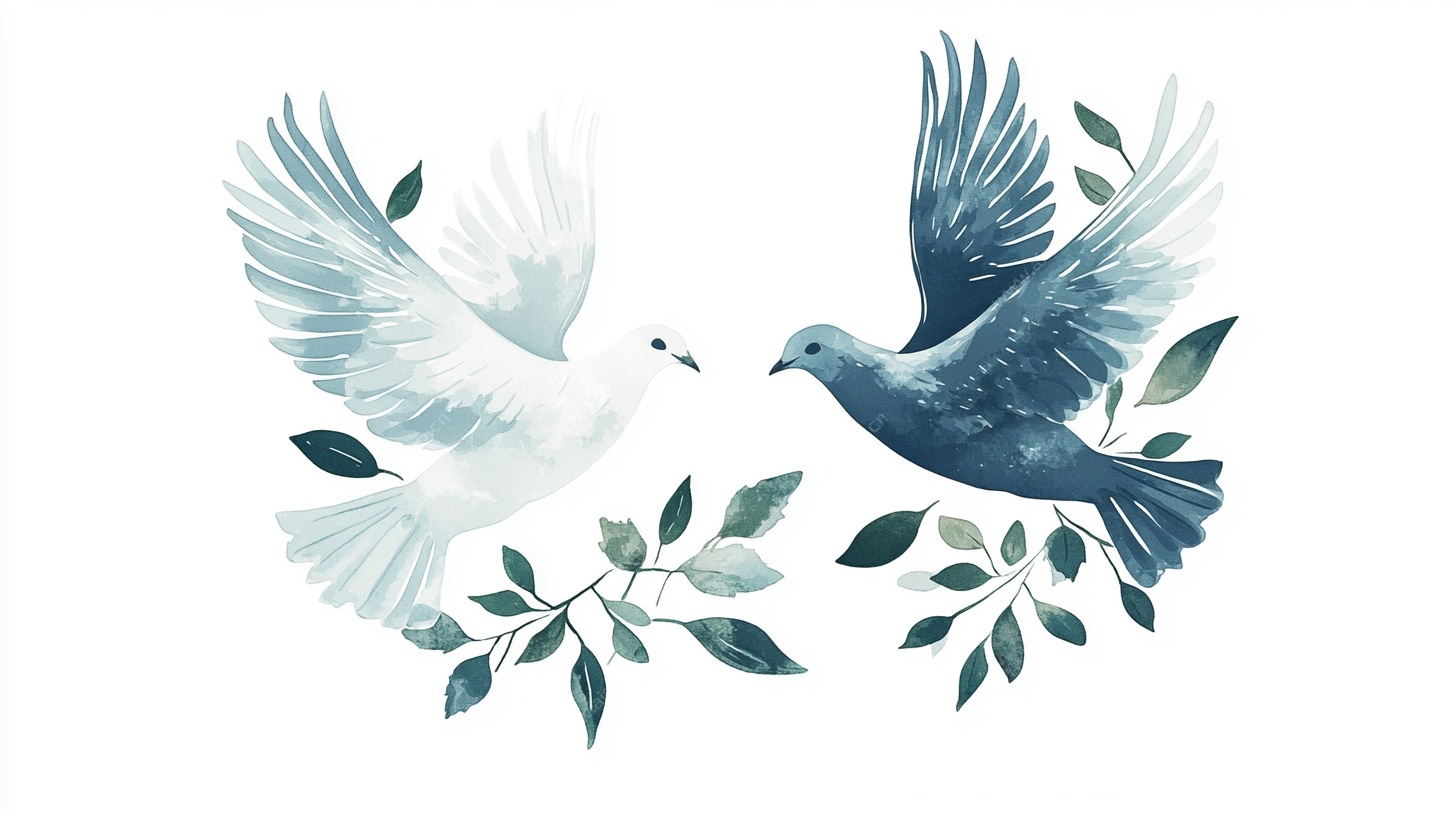 蓝白鸽子与枝叶插画