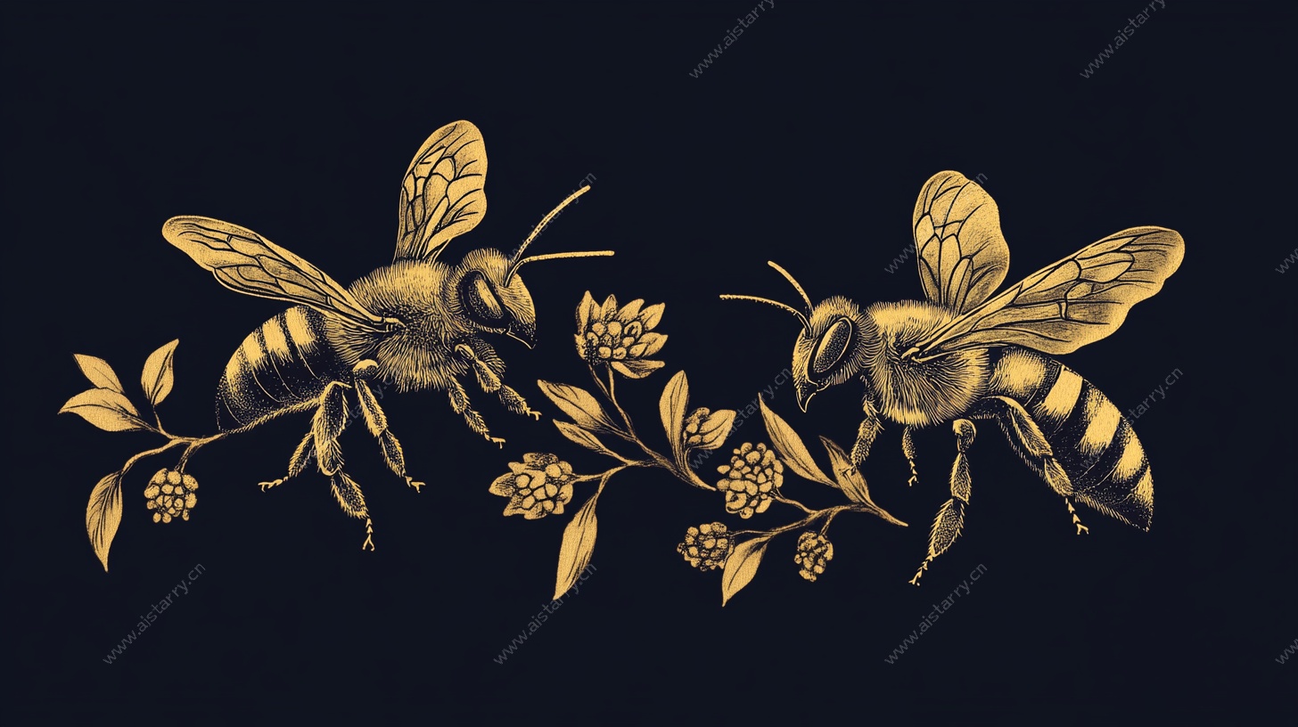 金色双蜂栖于花枝图