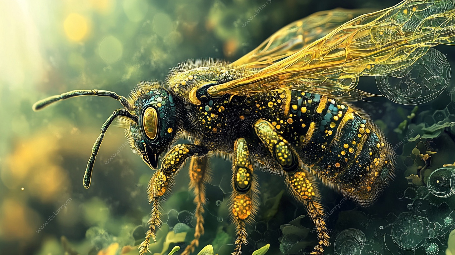 微观世界的金色蜜蜂特写