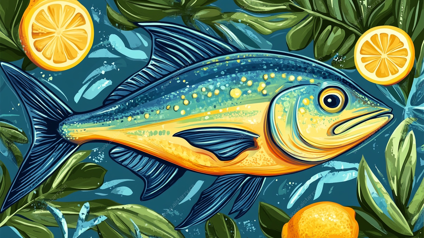 柠檬与鱼的奇幻插画