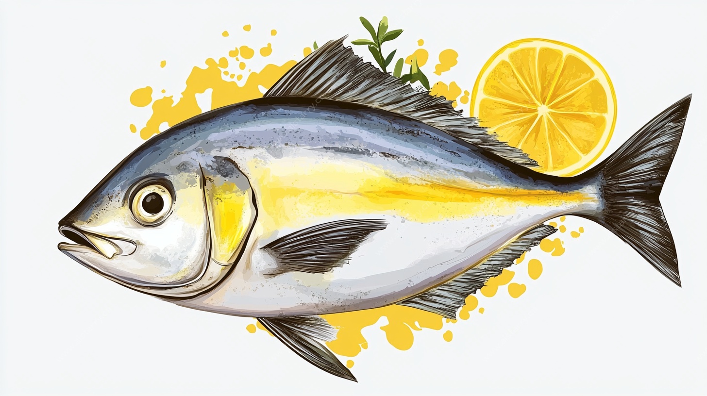 手绘鲜鱼配柠檬插画