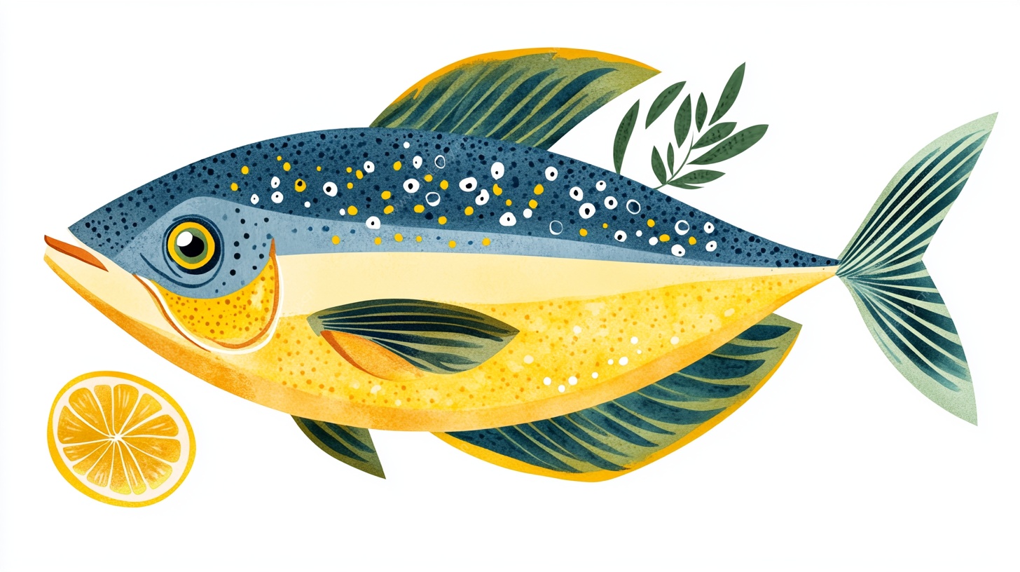 彩色鱼与柠檬插画