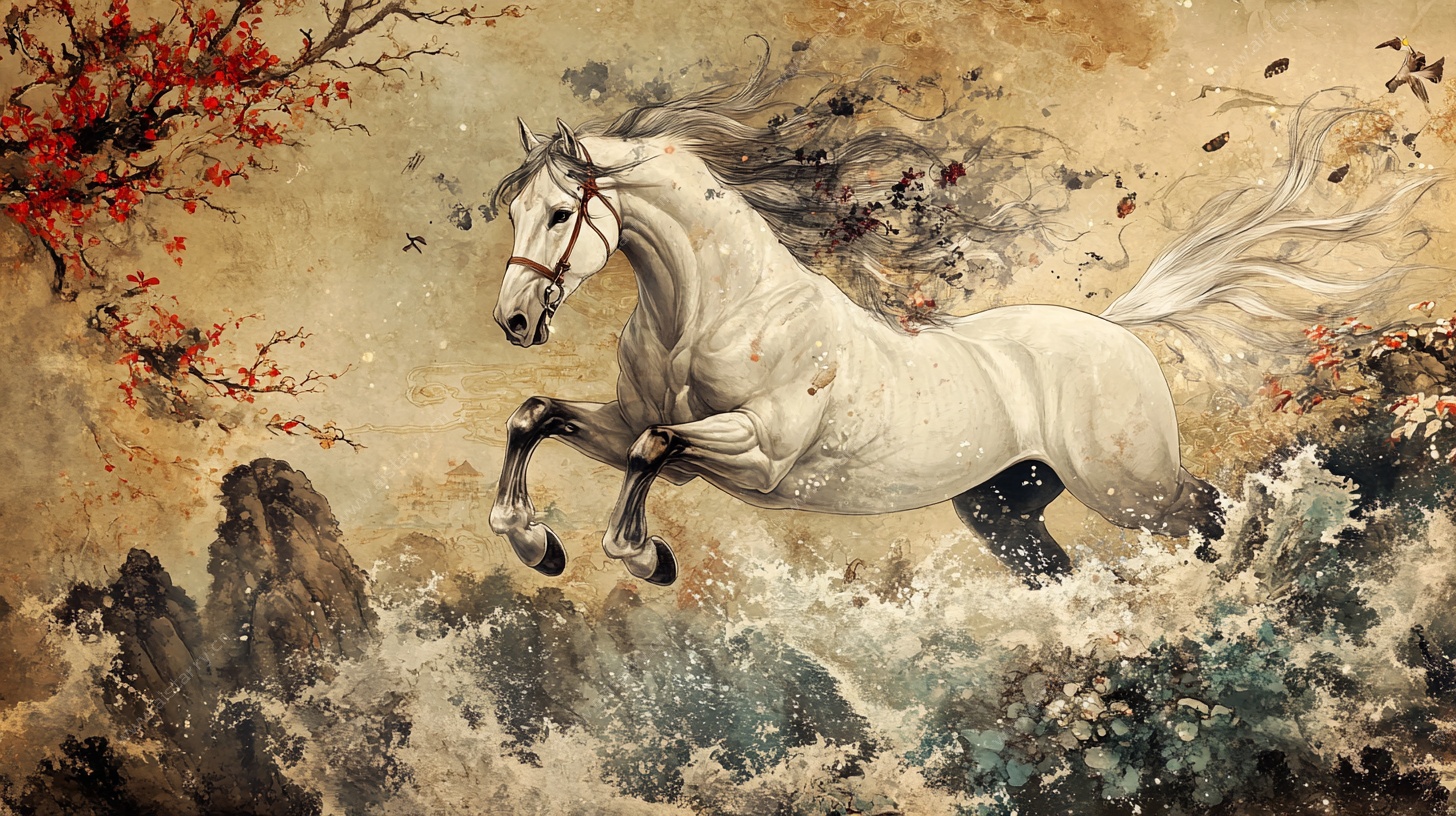 奔腾白马于山水间