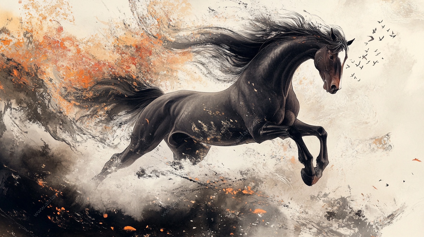 奔腾黑马 水墨风格艺术之作