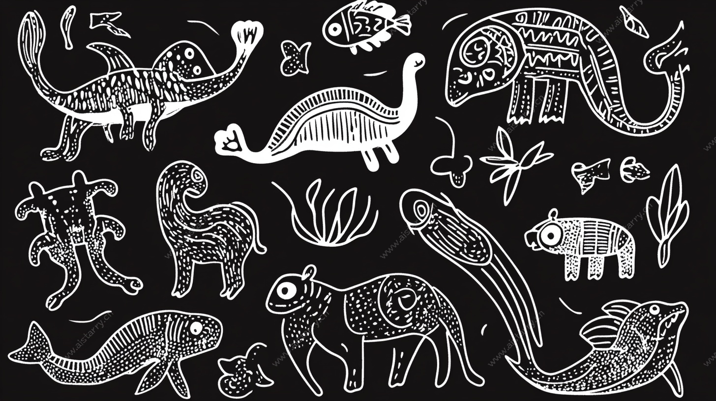黑白手绘海洋生物集合