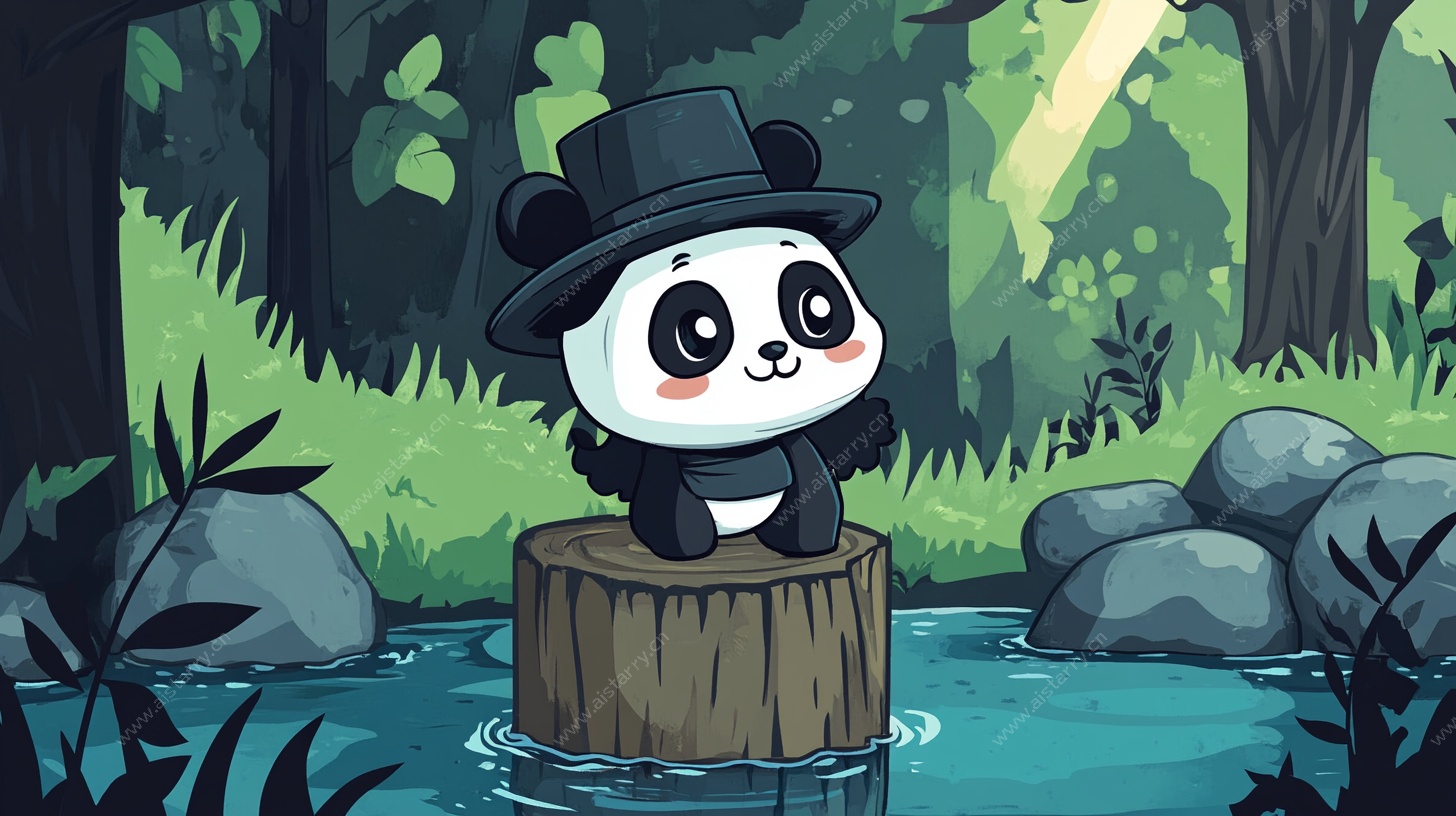 戴礼帽的熊猫立于树桩