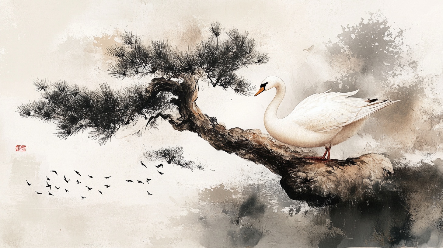 松枝上的优雅白鹅