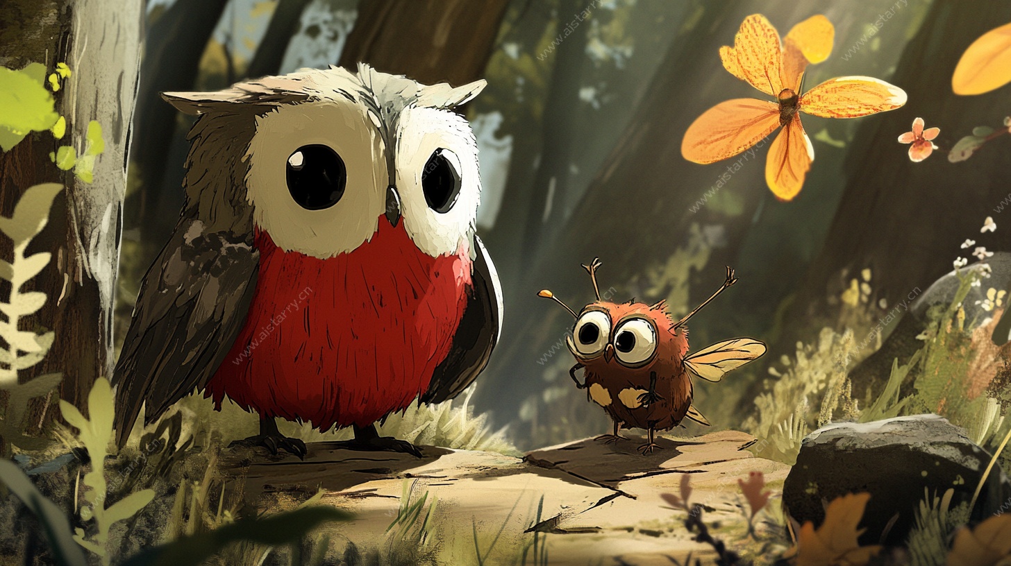 森林中的猫头鹰与小昆虫