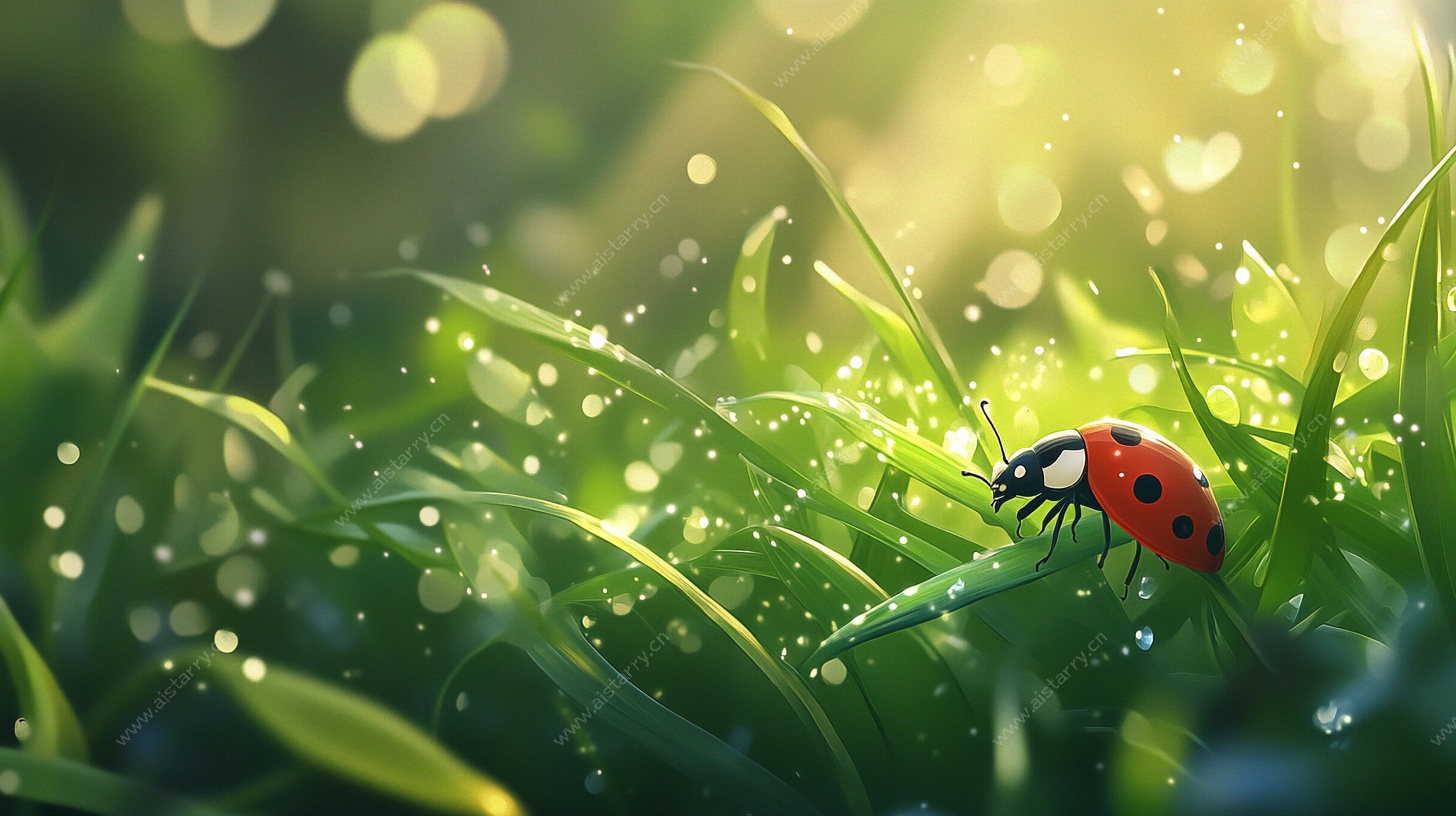 晨露中的瓢虫漫步