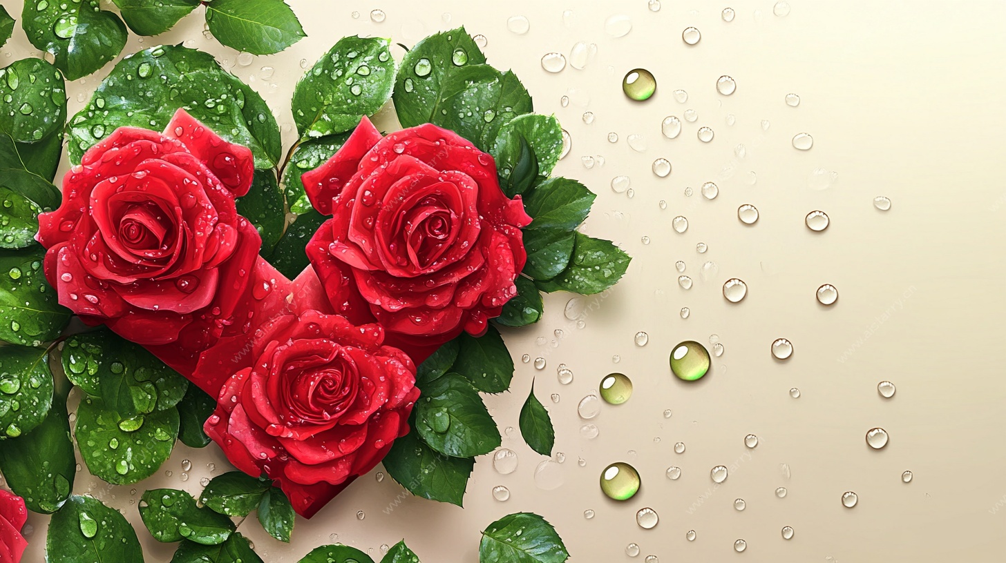 带露红玫瑰与绿叶特写