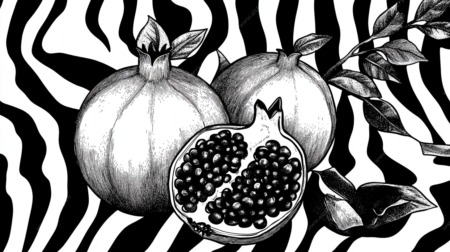 黑白风石榴静物插画