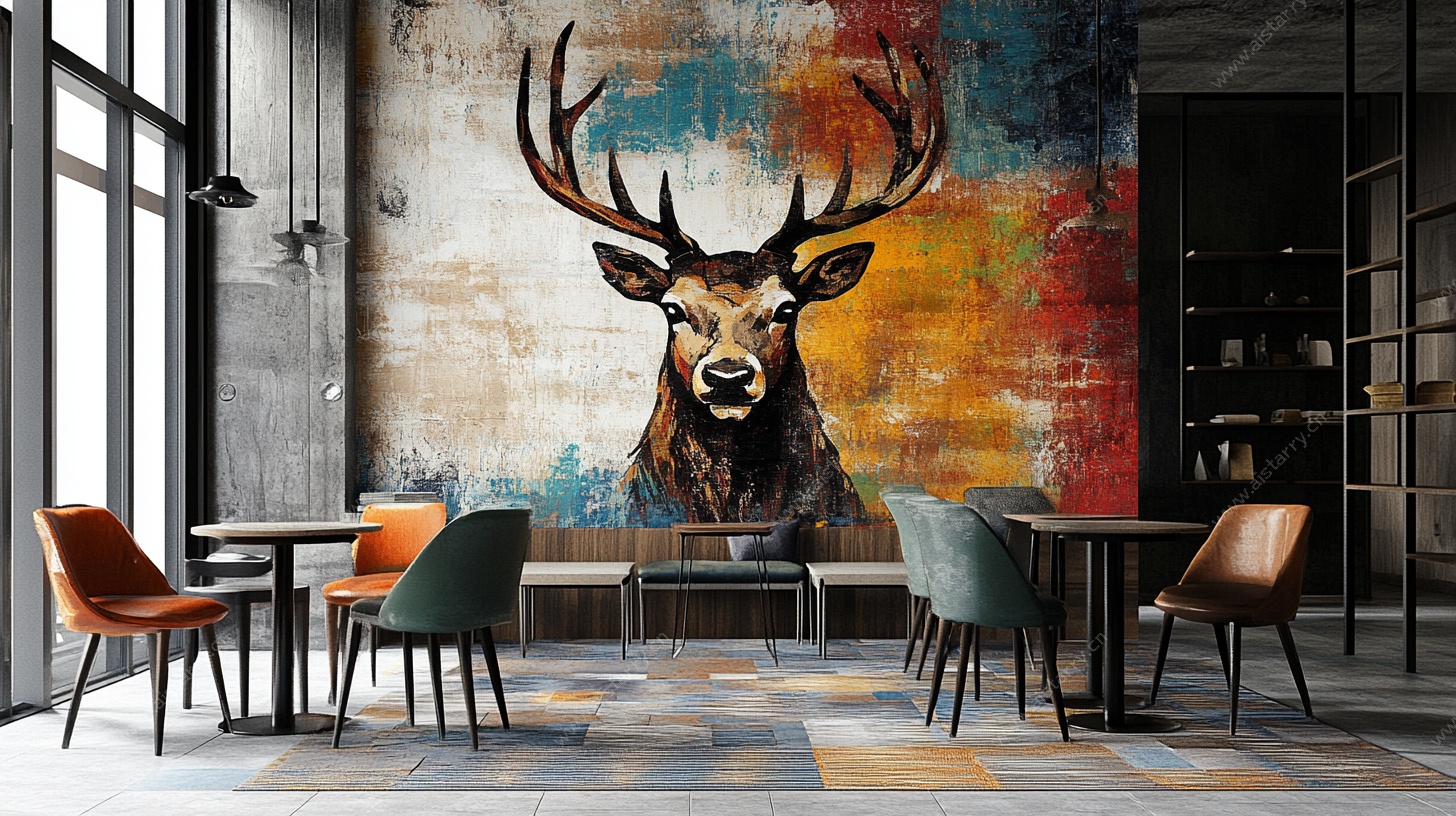 鹿头壁画装点时尚休闲空间