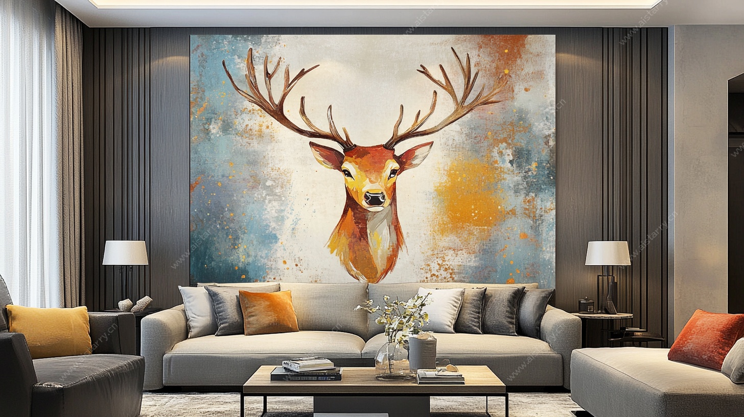 客厅鹿头艺术壁画装饰