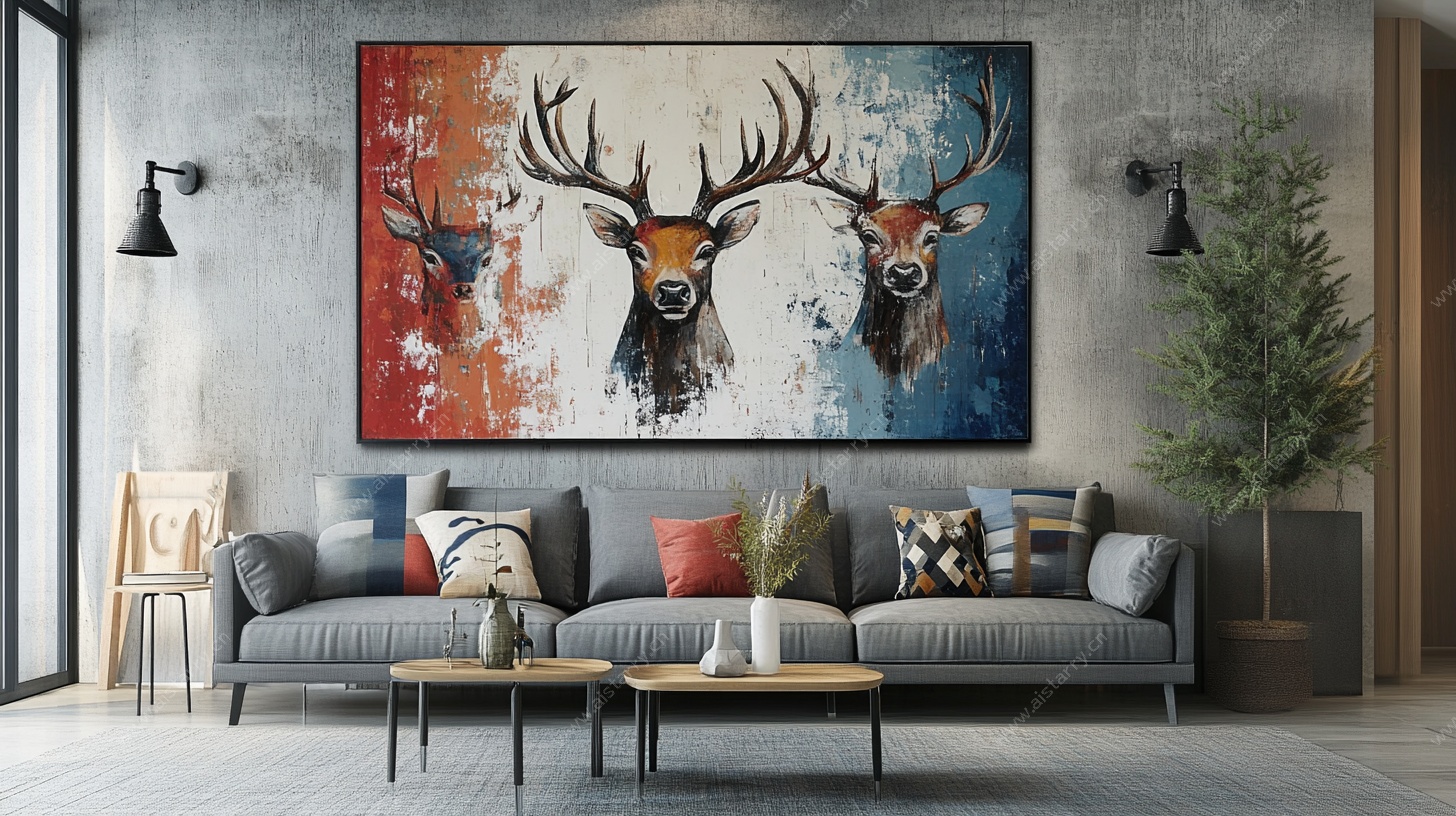 现代客厅的鹿头装饰画