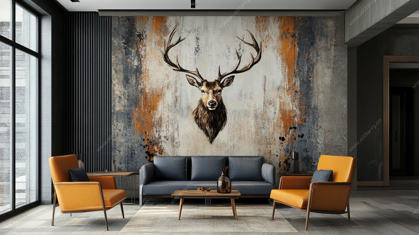 现代客厅的鹿头艺术背景墙