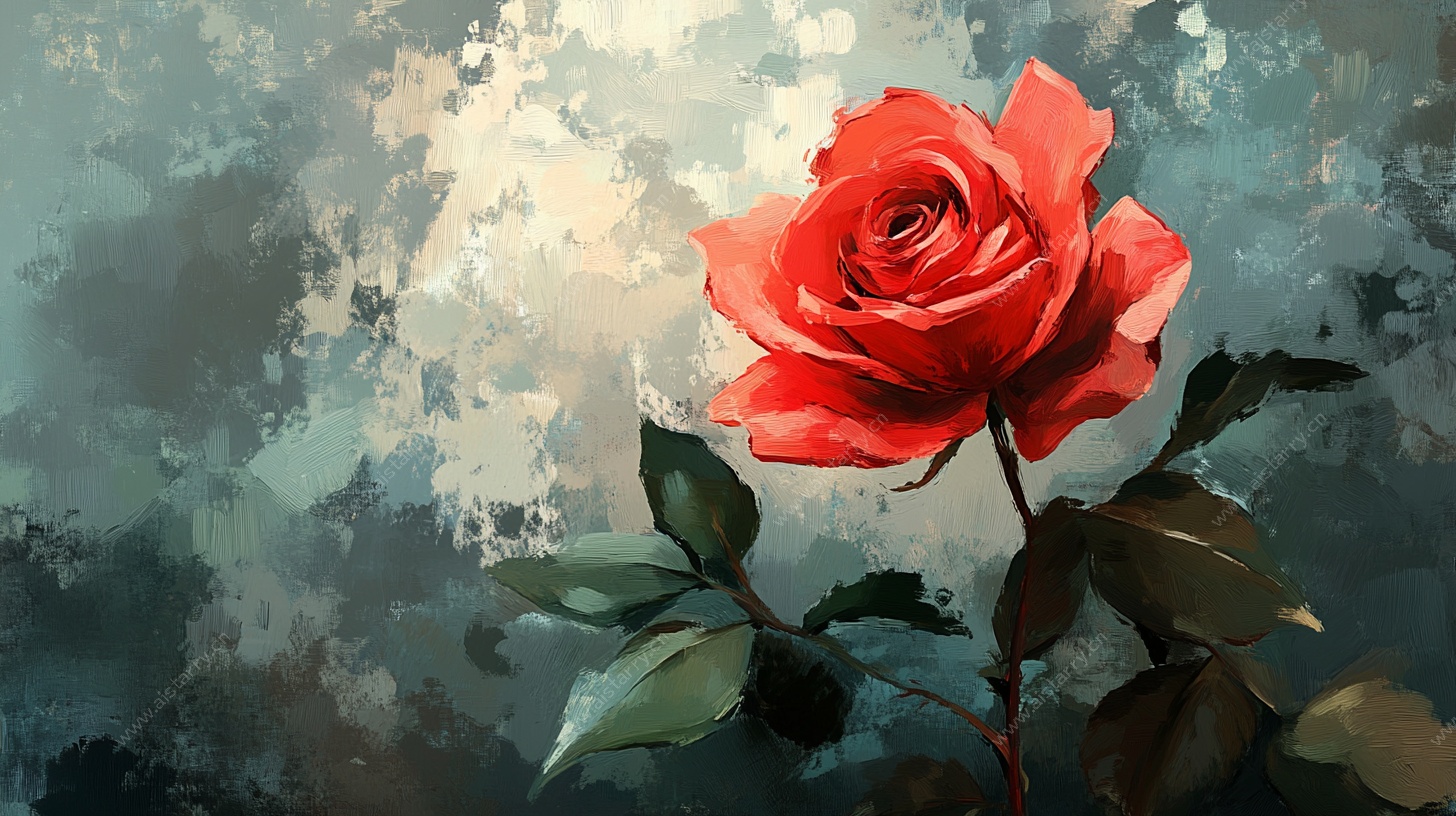 独枝红玫瑰油画风花卉图