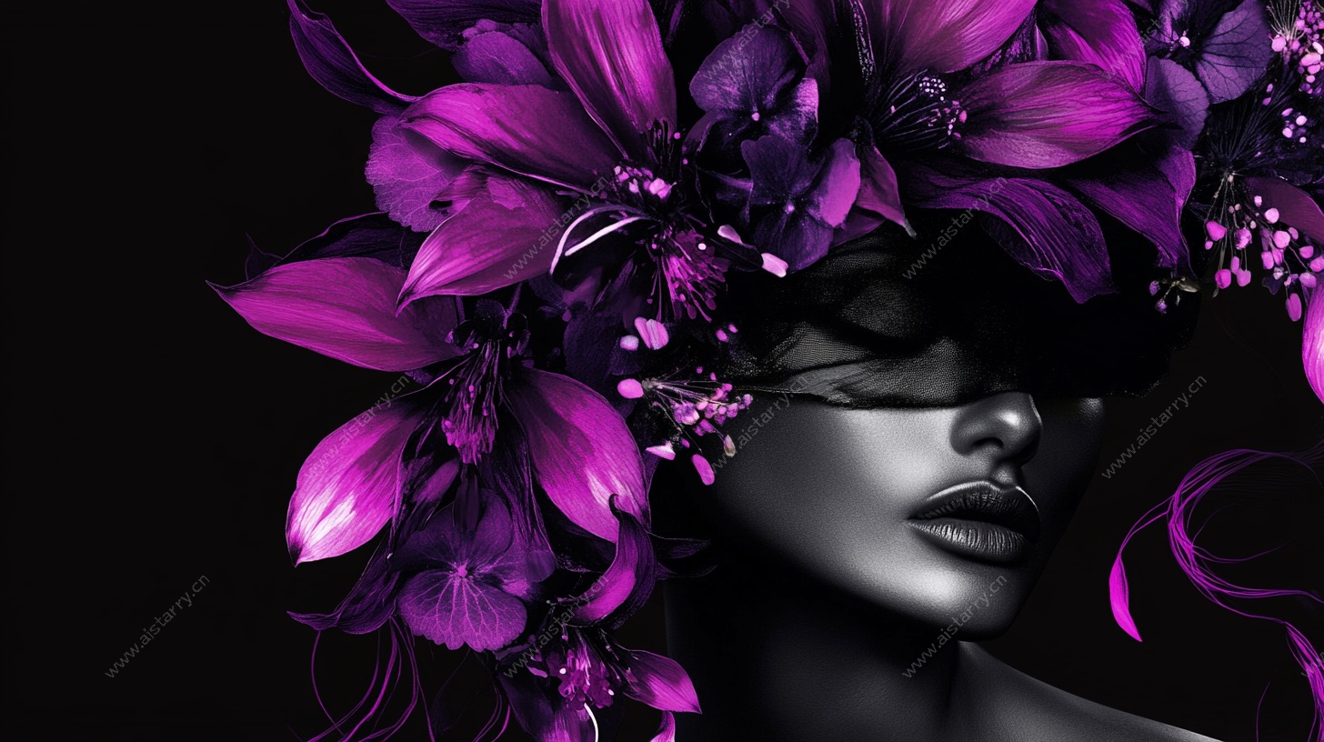紫色繁花遮面神秘人像