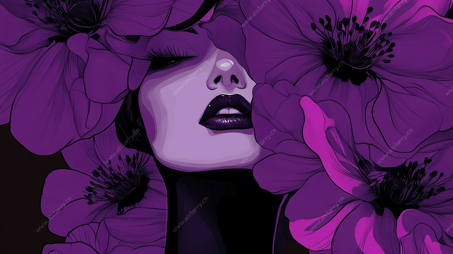 紫花环绕的梦幻女性形象