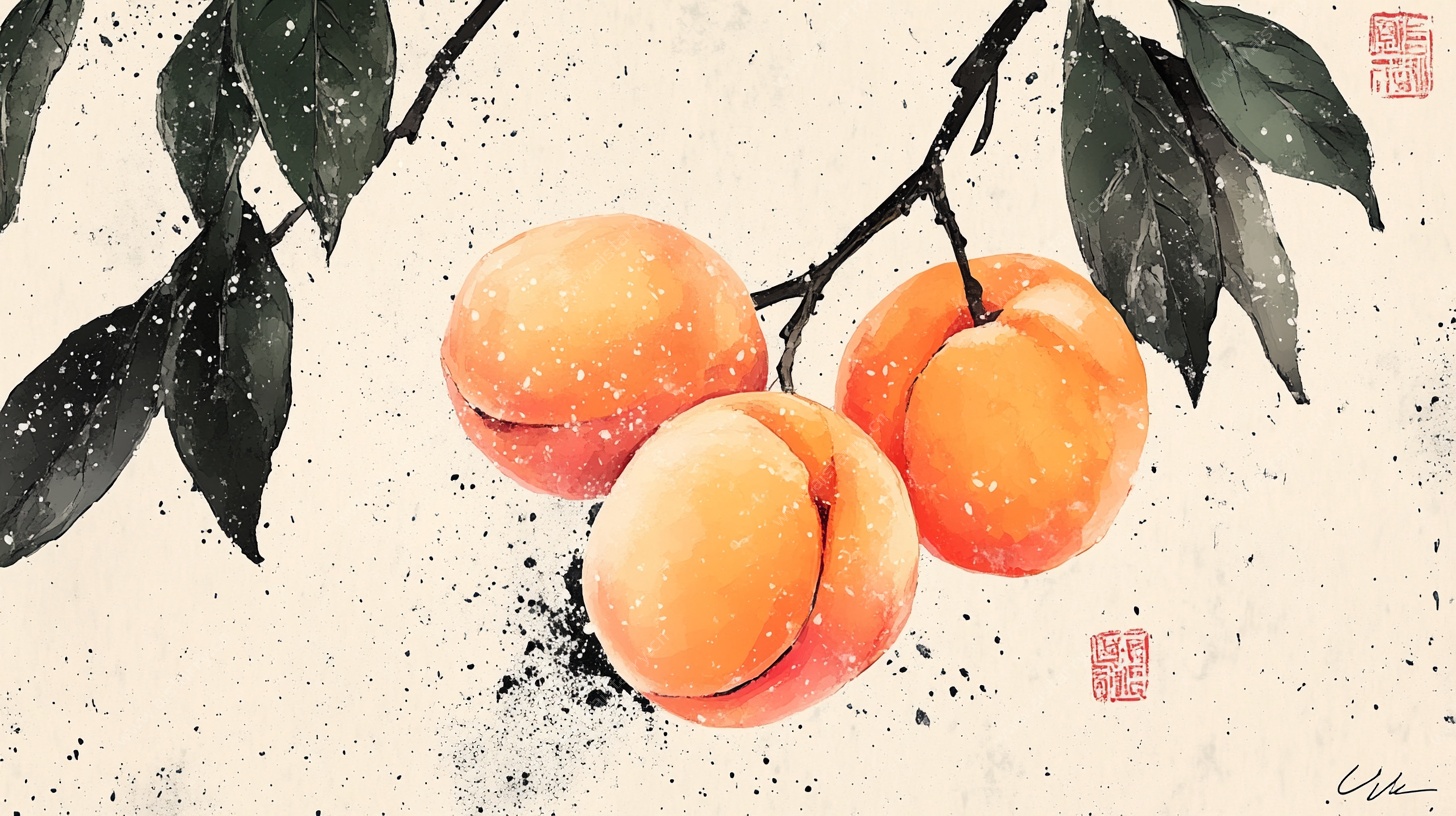 水墨枝头三枚鲜桃