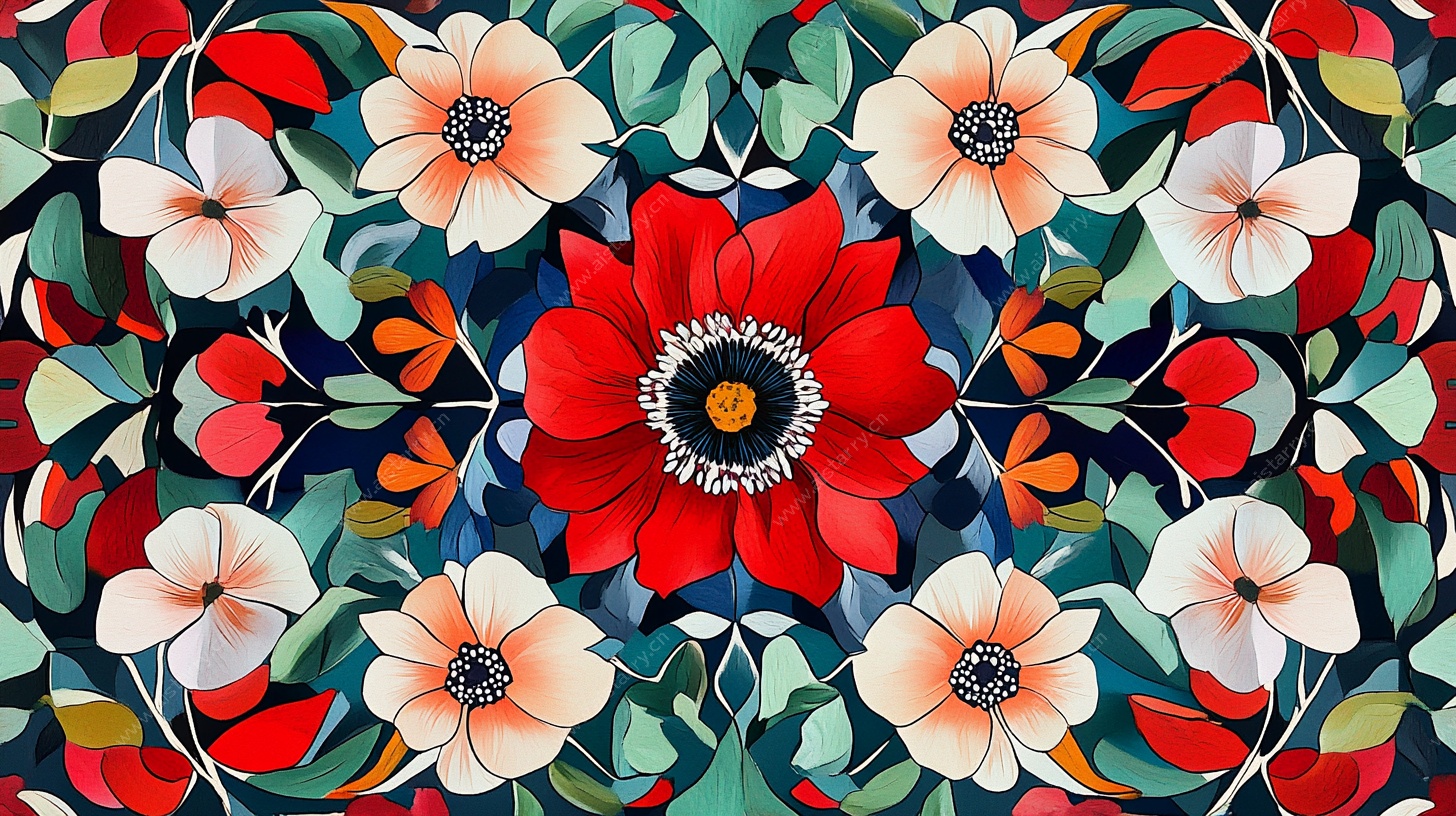 绚丽花卉几何图案插画