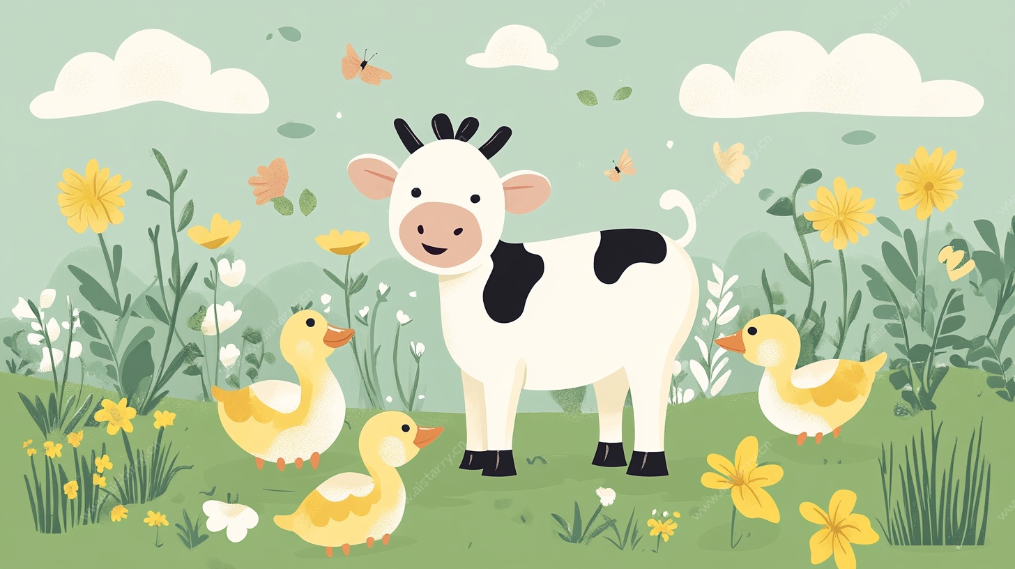 田园萌趣 牛鸭共栖图