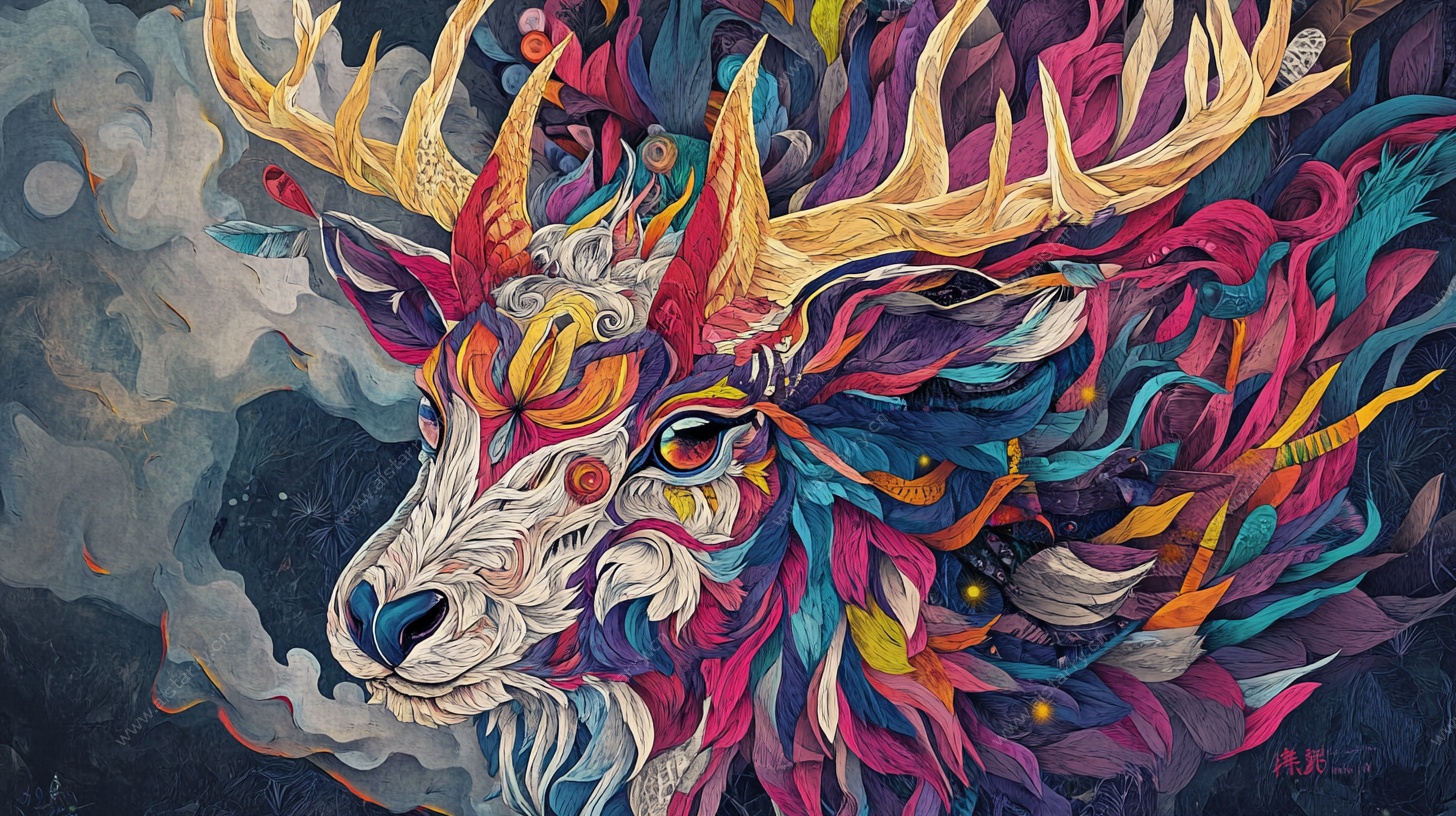 梦幻炫彩鹿头插画