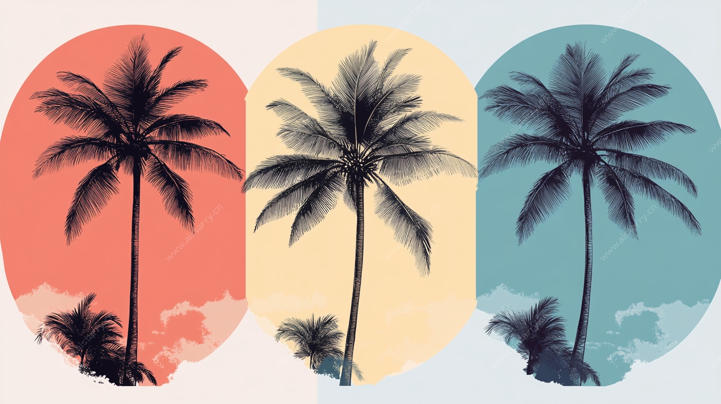 三色背景下的椰树剪影