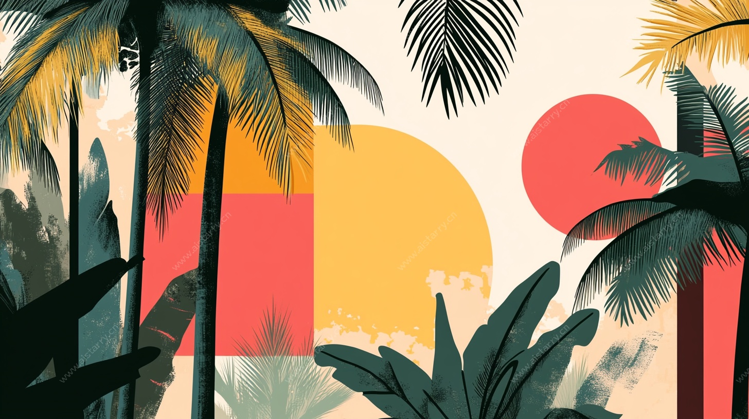 热带风情日落植物插画