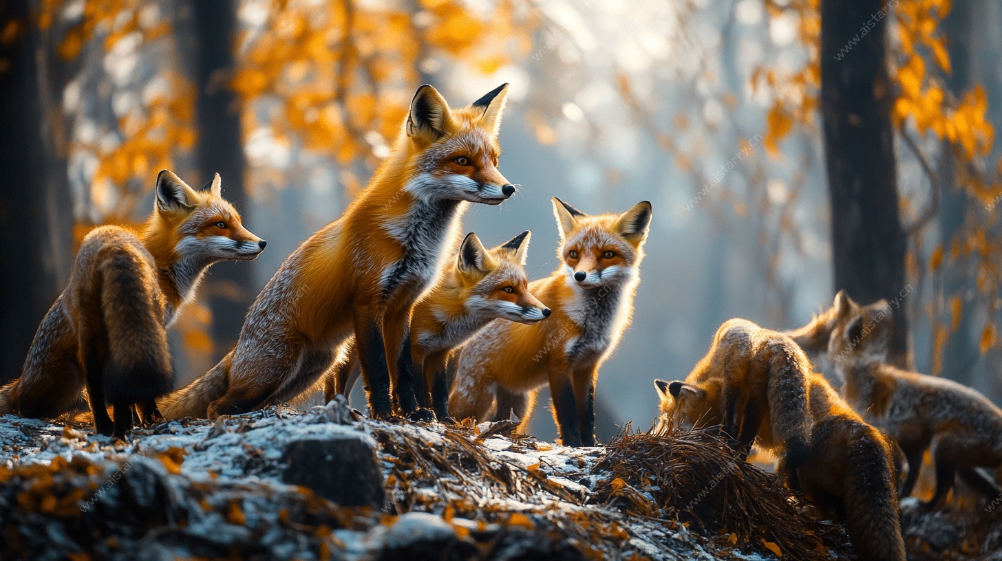 秋日群狐山林相聚图