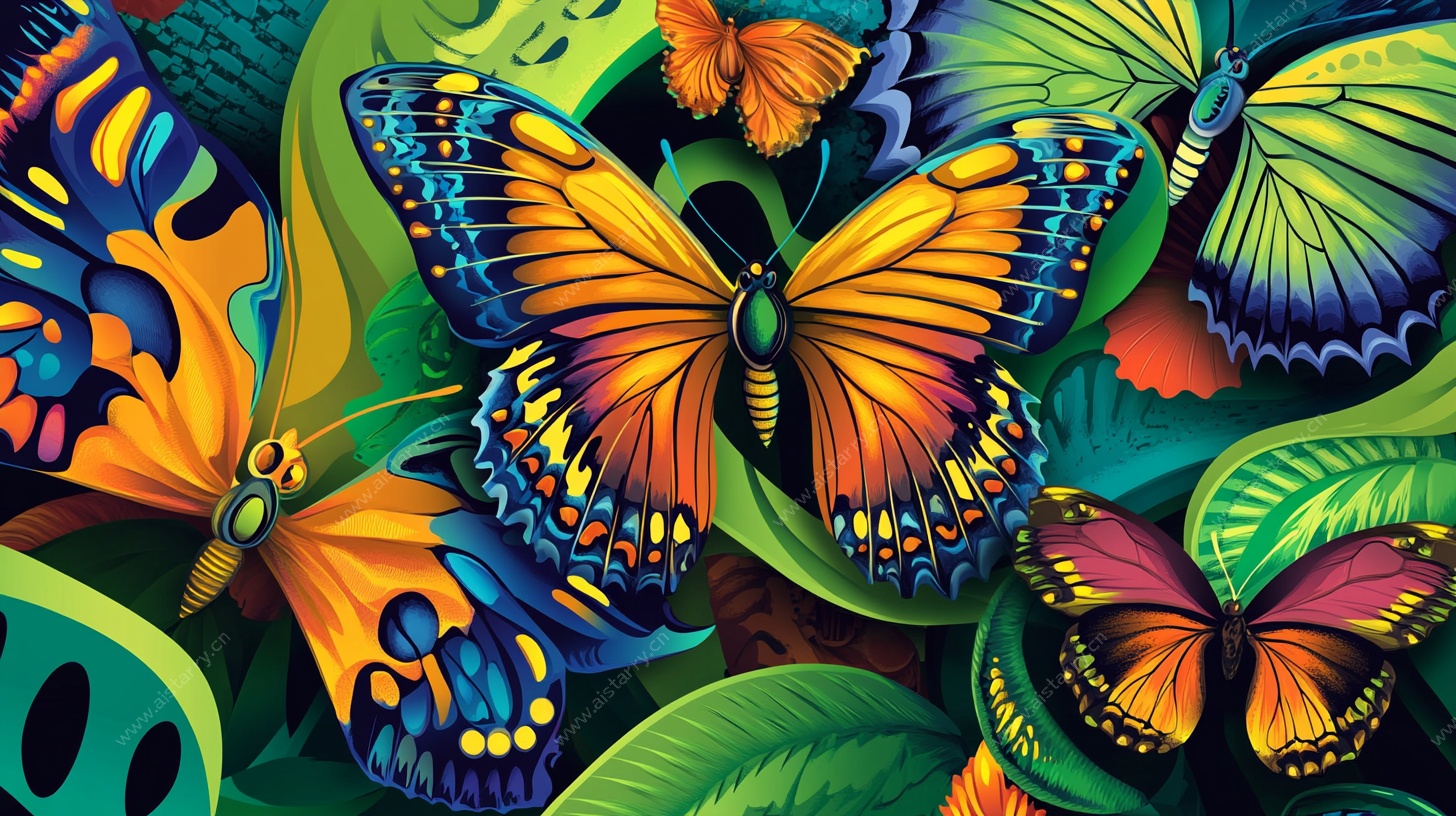 多彩蝴蝶穿梭繁茂绿叶间