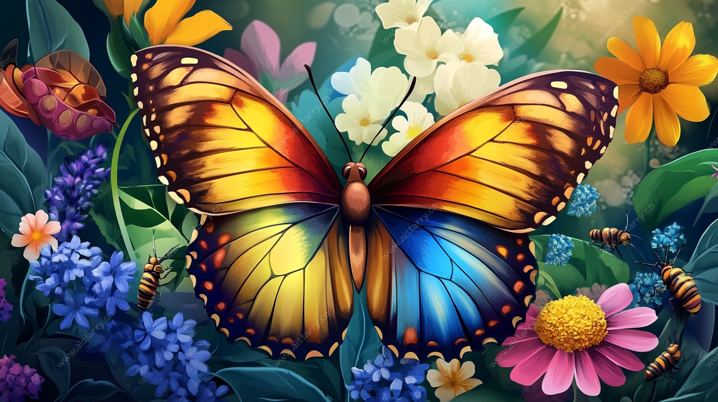 多彩蝴蝶花丛中飞舞